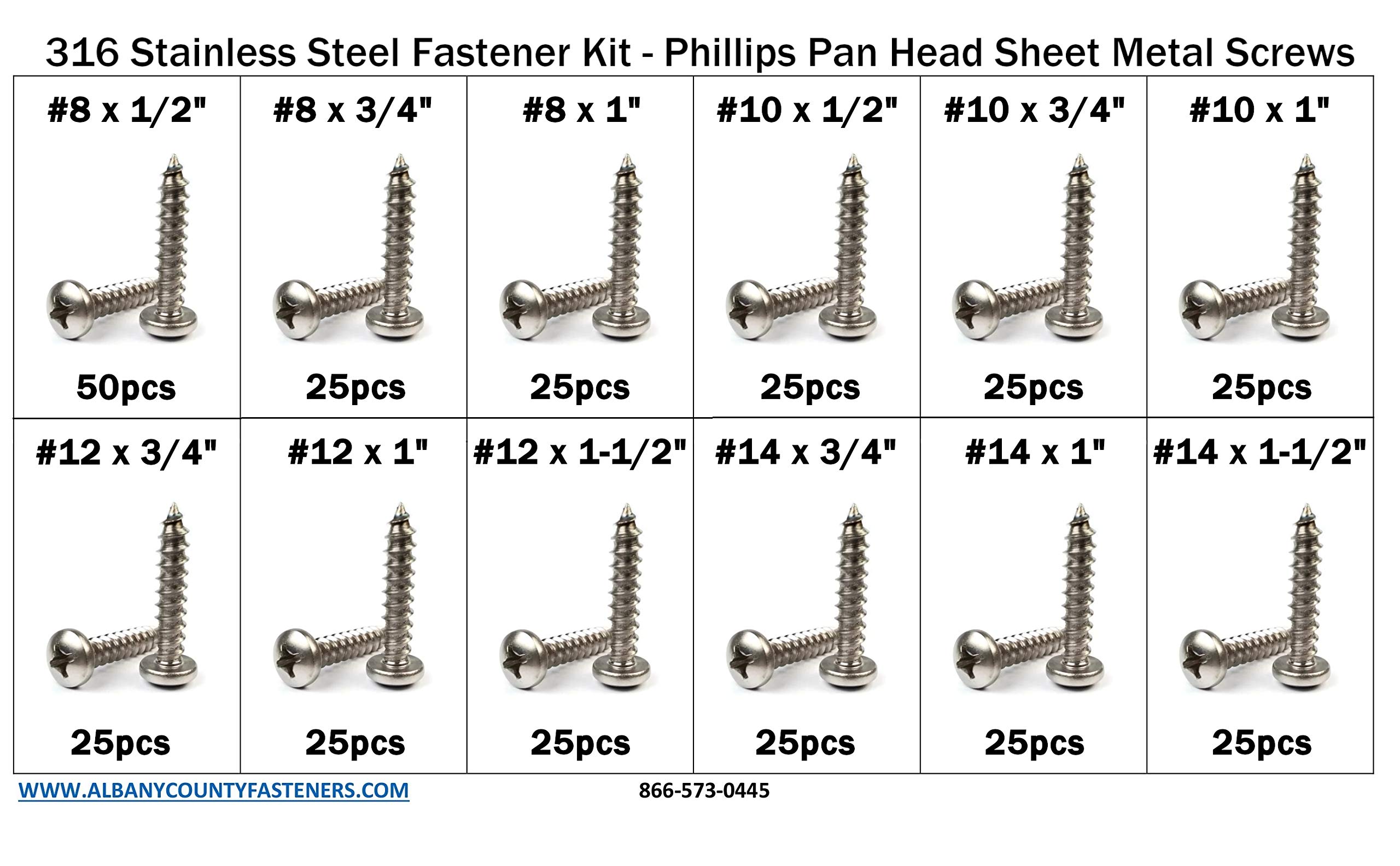 316 Stainless Steel Phillips Pan Head Sheet Metal Screw Assortment Kit Sizes #8 Through #14-326 Pieces
