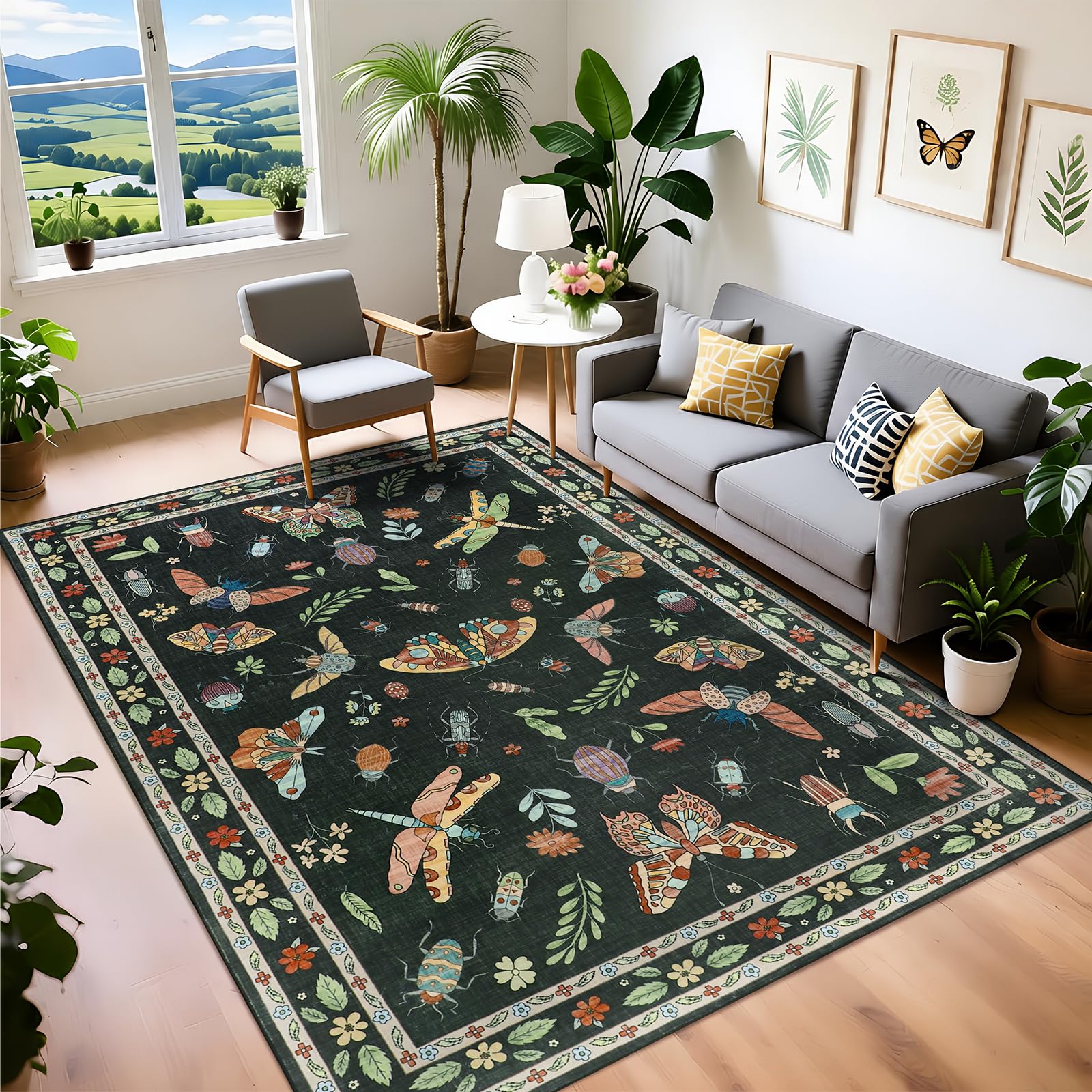 famibay Insect Black Area Rug 5x8, Washable Rugs for Living Room Floral Non Shedding Dining Room Rug, Stain Resistant Faux Wool Carpet for Living Room