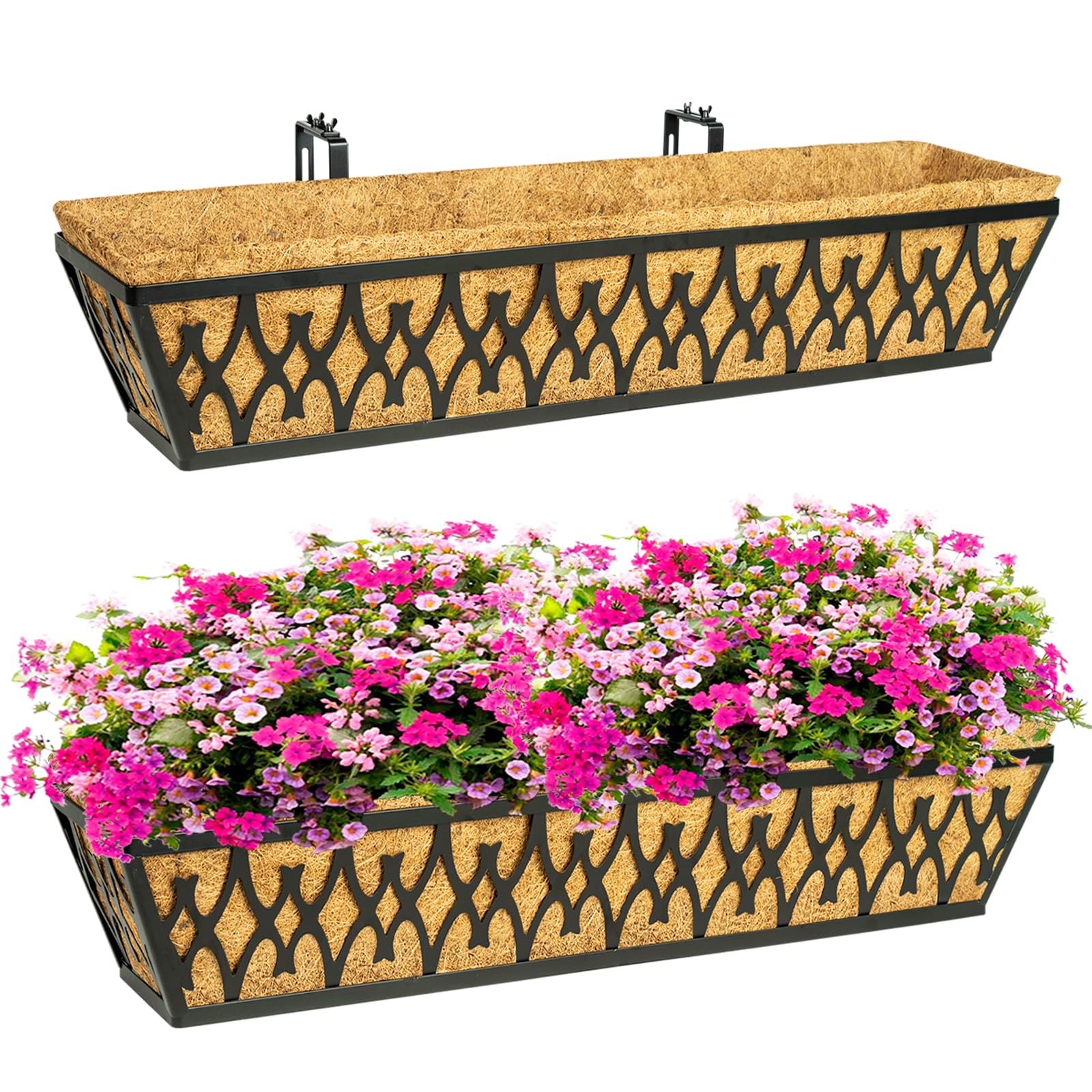 2 Pack 30 Inch Window Boxes Planters Railing Planter Box with Adjustable Brackets for Porch Fence Patio Balcony Hanging Flower Baskets with Coco Liners for Outdoor Garden Decor - Black