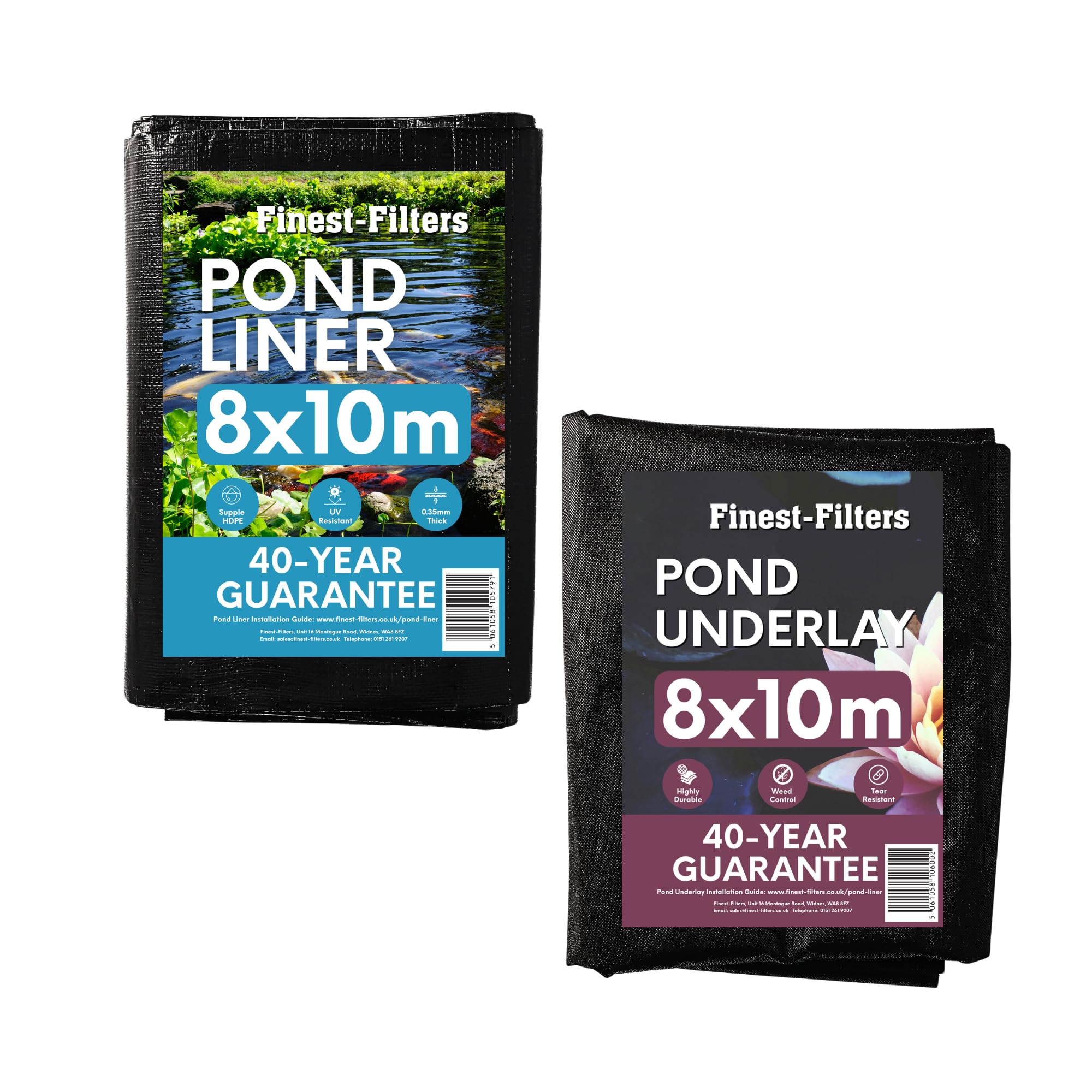 Finest-Filters 0.35mm HDPE Pond Liner & Underlay Options. 40-Yr Guarantee, UV & Tear-Resistant Waterproof Sheet for Garden & Koi Ponds (2x2m-9x12m) (8m x 10m, Bundle- Liner and Underlay)