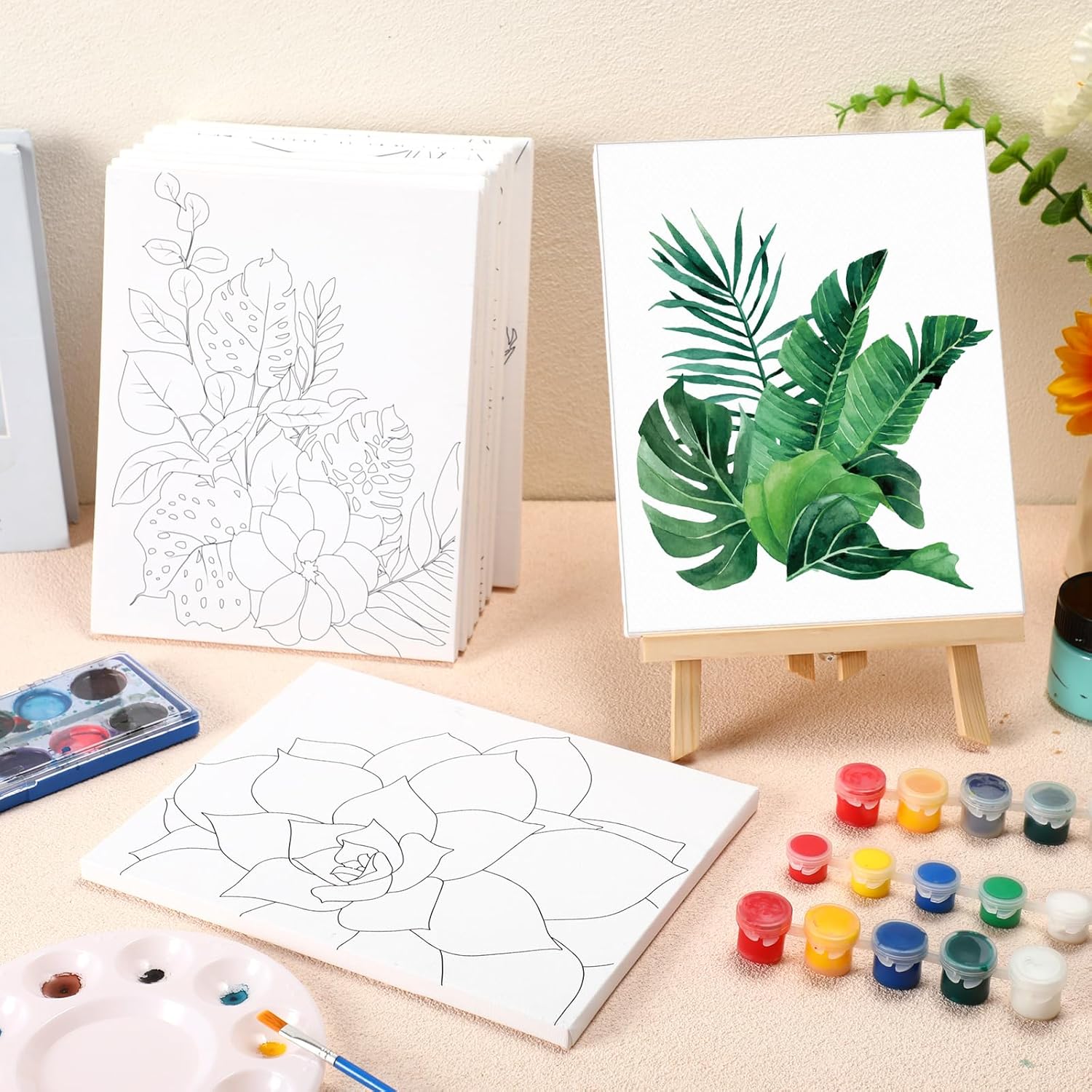 Engrowtic 12 Pcs 8 x 10'' Green Plants Flower Pre Drawn Canvas to Paint Pre Printed Sketched Canvas for Adult Ladies Paint Art Party Favor Board Set for Valentine Craft(Classic Style)