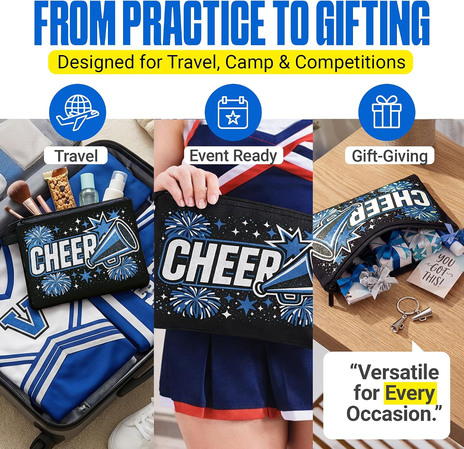 (20) Cheer Bags Bulk, Cheer Gifts Bulk for Team, Cheer Captain Gifts, Cheer Gift, Cheer Makeup Bag Bulk (BLUE)