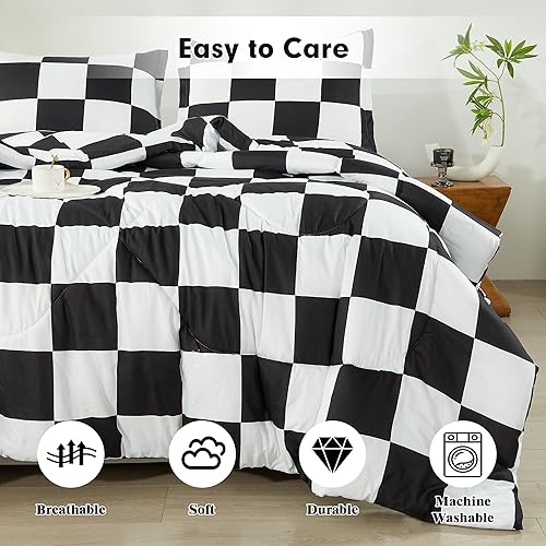 Miniatura 5 de Juego de edredón a cuadros negros y blancos, edredón alternativo de 3 piezas a cuadros esponjosos, tamaño Queen (90 x 90 pulgadas), ropa de cama