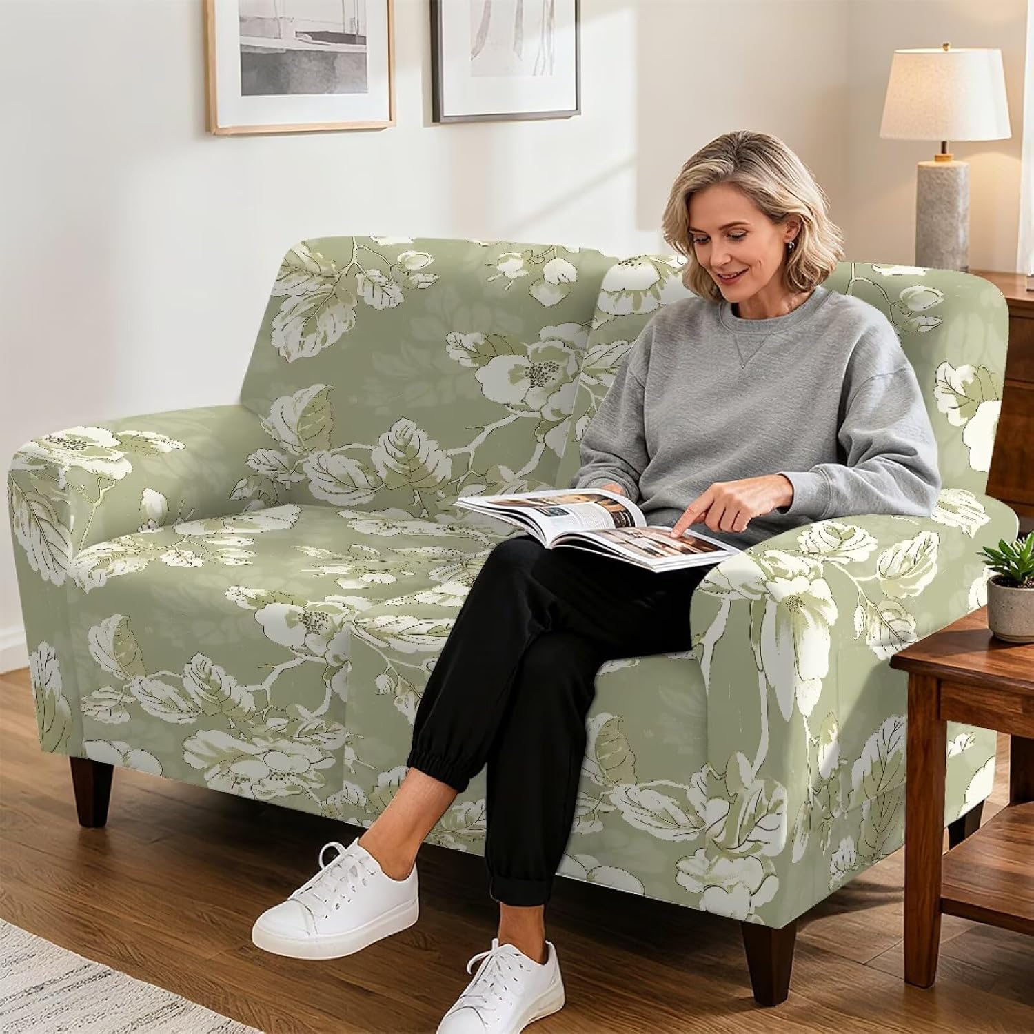6 Piece Stretch Reclining Loveseat with Storage Pocket,2 Seater Loveseat Recliner Cover Recliner Couch Sofa Covers, Furniture Protector with Elastic Straps Bottom,Flower Branch