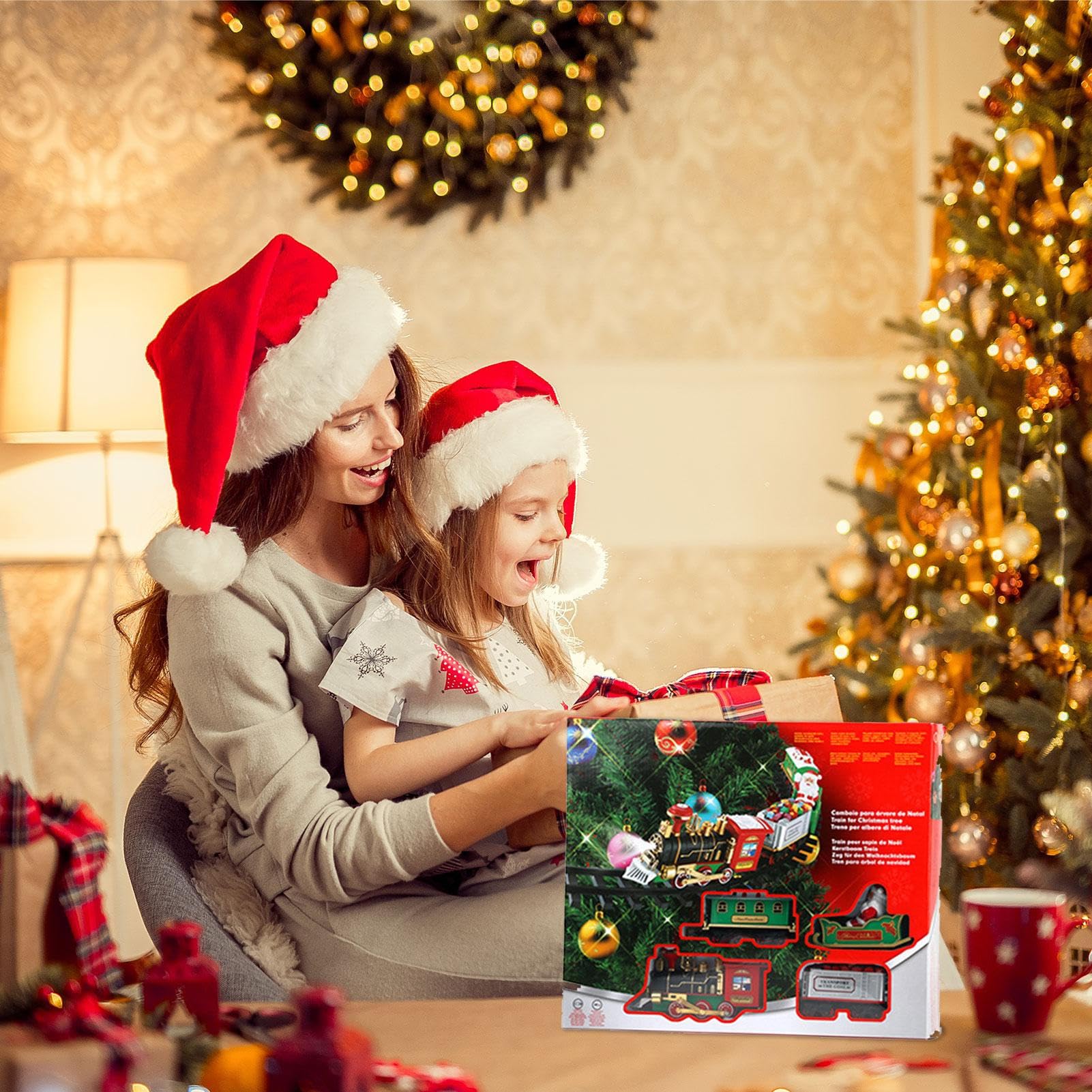 Kit de train électrique de Noël - Train jouet à piles avec 8 pièces de | piste | Décoration d'arbre rond pour et adultes | Train de vacances électrique fabriqué en mate ABS respectueux de