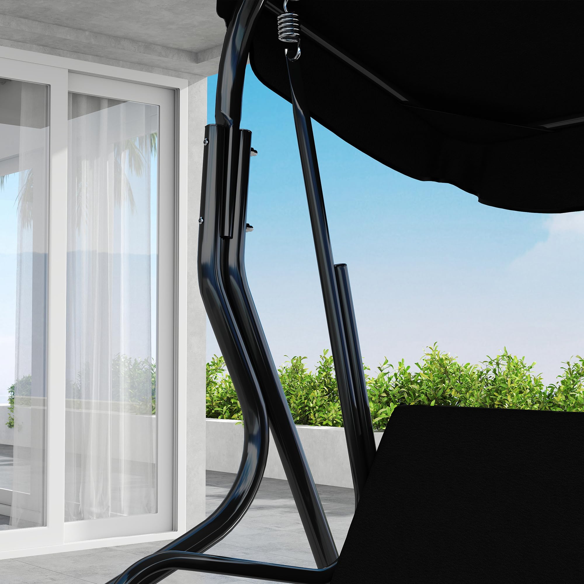 Outsunny Columpio de Jardín de 2-3 Plazas Impermeable 170x110x153 cm Negro | Balancín de Exterior, Toldo Ajustable en Ángulo, Marco de Acero, para Patio, Balcón