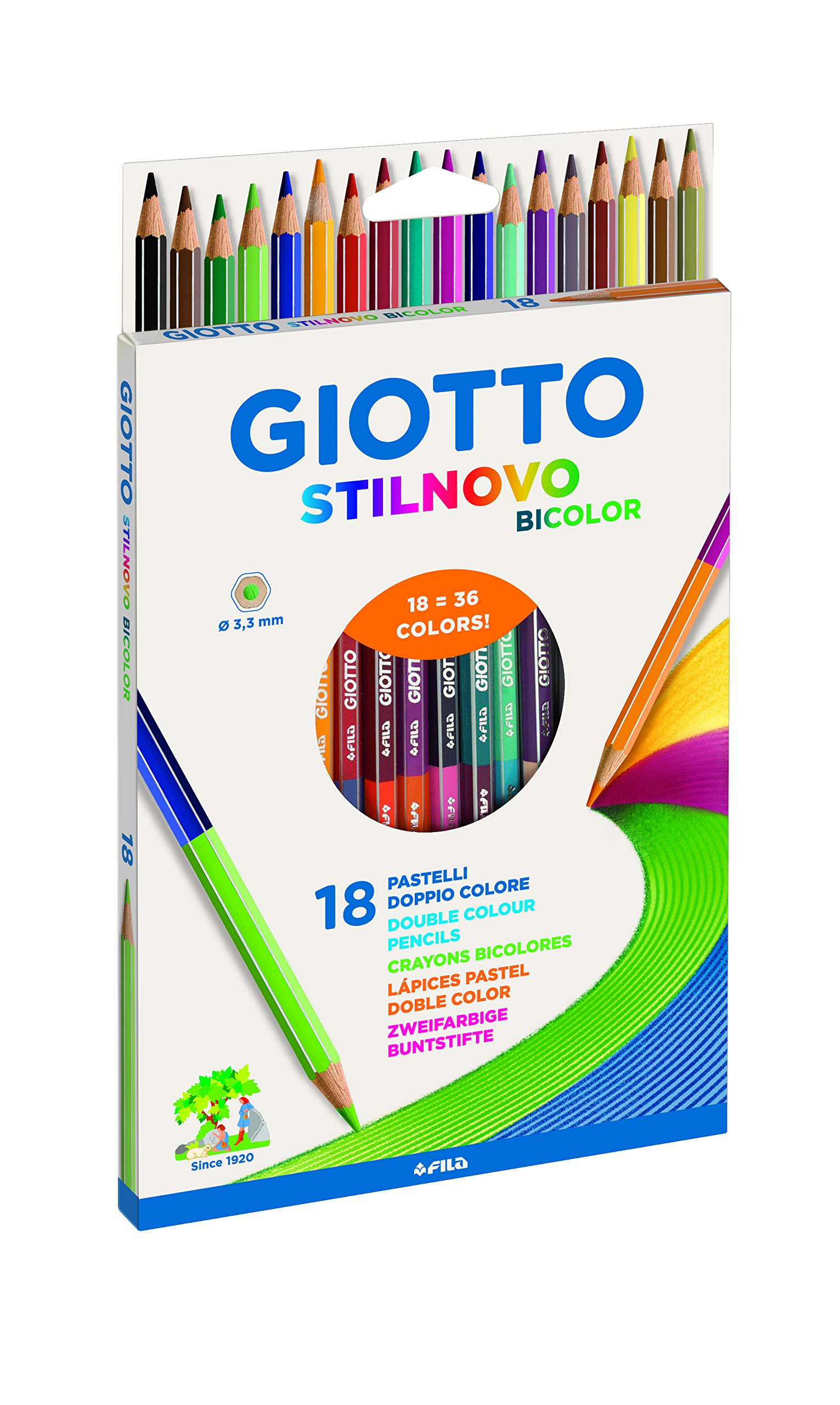 GiottoStilnovo Bicolor Pencil Case of 18 Two-Tone Coloured Pastel Pencils 3.3 mm Intense Colours