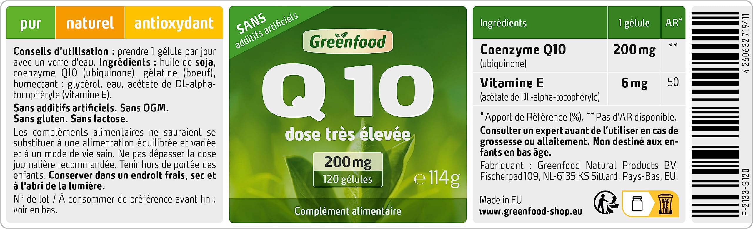 Greenfood Q10, 200 mg, extra haute dose, 120 gélules - SANS additifs | Obtenu par fermentation naturelle, haute biodisponibilité, testé en laboratoire, sans OGM, sans gluten, sans lactose