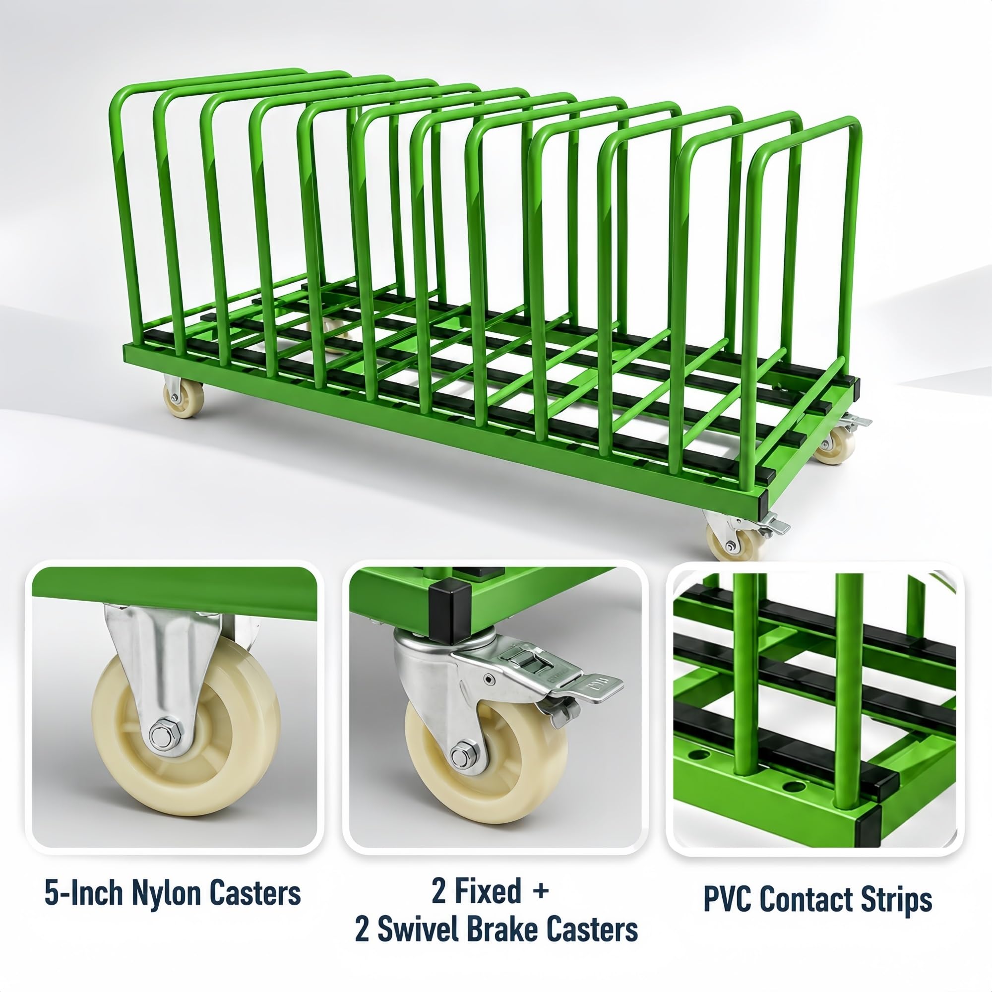 Plattenwagen 600 kg mit Abnehmbaren Bügeln for Glasplatten und Steinplatten | Verstärkte Gitterbasis mit PVC-Kontaktleisten an den unteren Auflagekanten(11-Slot)