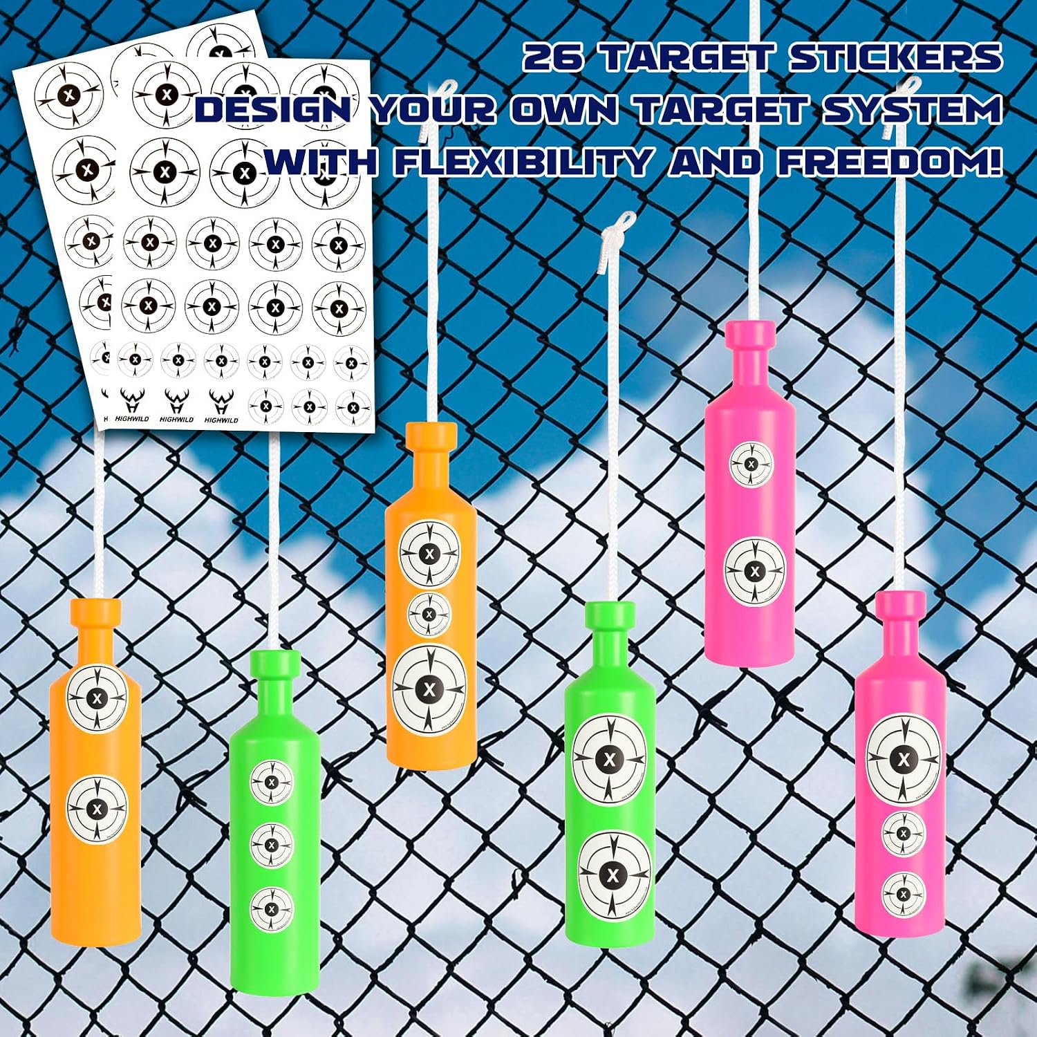 Highwild Plastic Bottle Targets for Shooting - 6 Neon Bottles with Hanging Rope - Includes Foldable Storage Rack - Ideal for Indoor and Outdoor Training