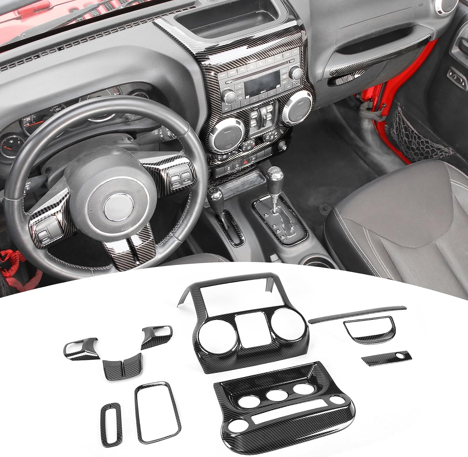 for Jeep JK Interior Trim Kit, Center Console Dash Trim Cover for Jeep Wrangler JK JKU 2011-2017 Carbon Fiber Interior Accessories 10pcs