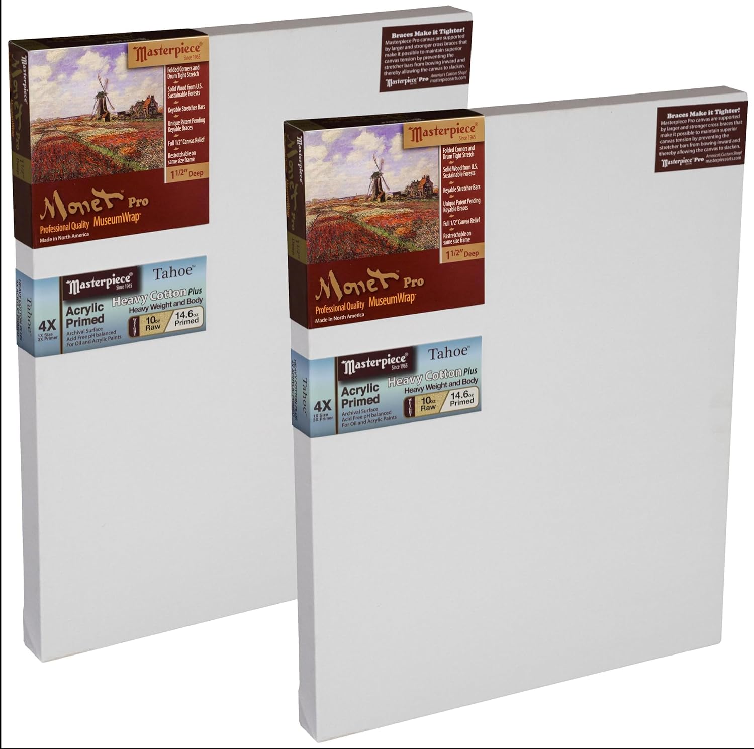 MASTERPIECE Z2MT-1319 Monet Pro 1.5" Deep Tahoe Heavy Plus 14.6 oz Cotton Stretched Canvas 13" x 19" White 2 Pack