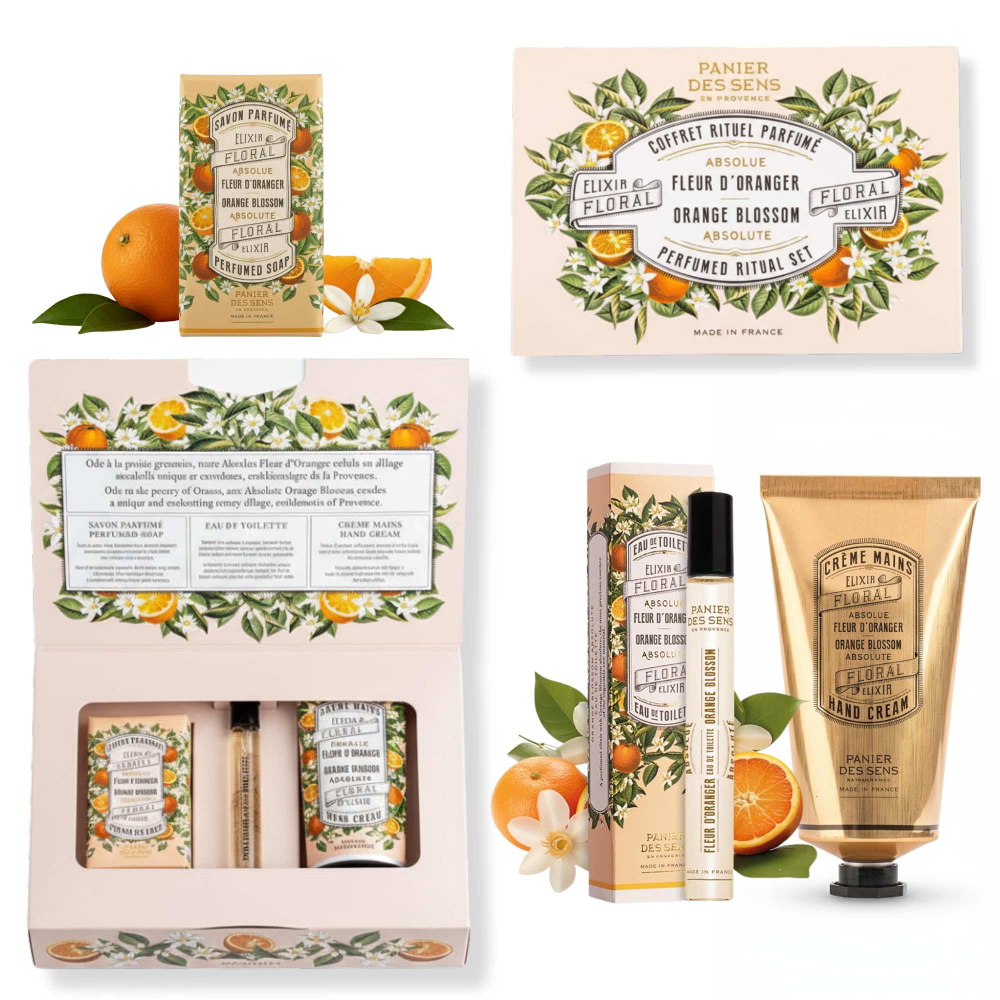 Panier des Sens - Orange Blossom Gift Set for Women - Roll On Perfume + Hand Cream + Bar Soap - Thank you, Birthday Gift for Her - Self Care Kit with