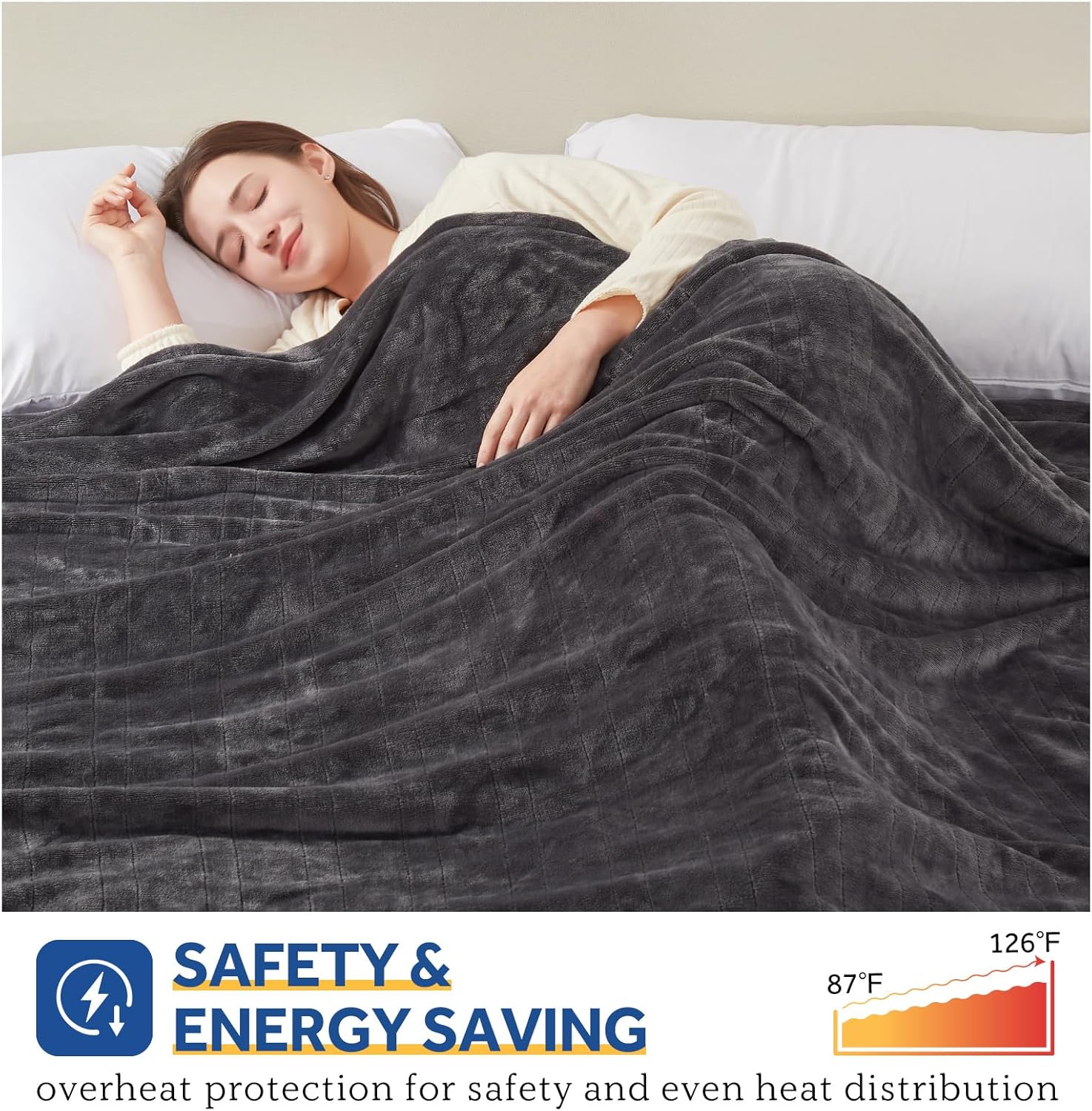 Sealy Heated Electric Blanket Queen Size, Flannel Electric Blanket with 10 Heating Levels & 1-12 Hours Auto Shut Off, Fast Heating Warming Blanket, Machine Washable, Grey, 84 x 90 Inch - Image 3
