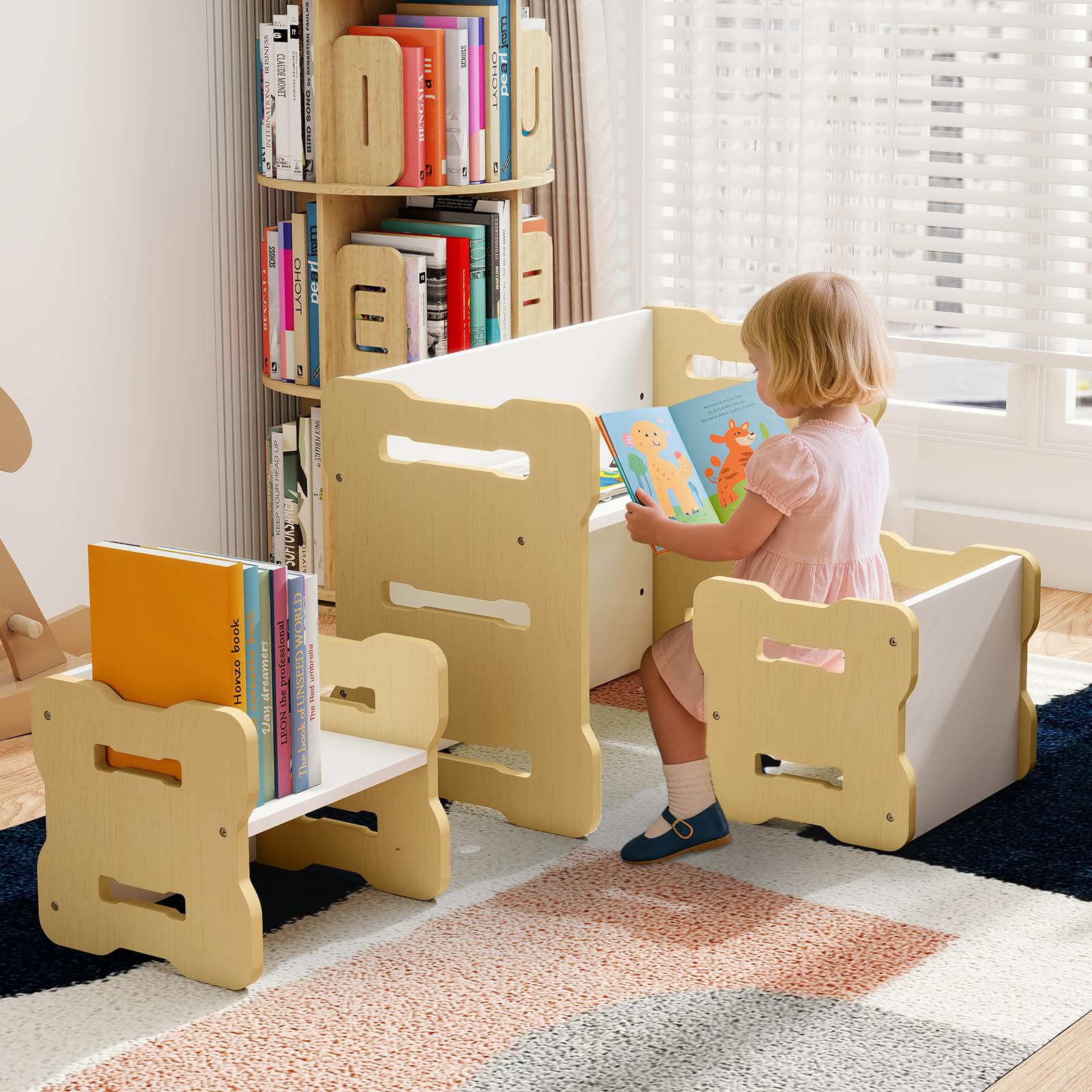 RELAX4LIFE Tavolino e Sedia per Bambini, Set Multiuso Convertibile con Tavolo e 2 Sedie per Disegno, Lettura, Pranzo e Artigianato, Mobili in Legno per Casa, Asilo Nido e Scuola (Naturale)