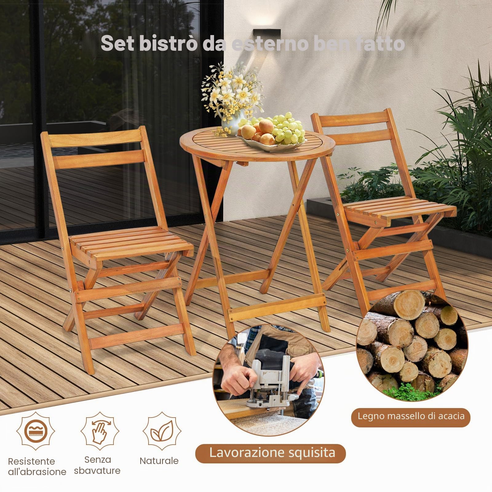 KOMFOTTEU Set da Bistrò Pieghevole in Legno, Tavolo 40kg Sedie 160kg | Set da 3 Pezzi in Legno di Acacia per Terrazza, Giardino, Balcone, Tavolo e Sedie, Naturale