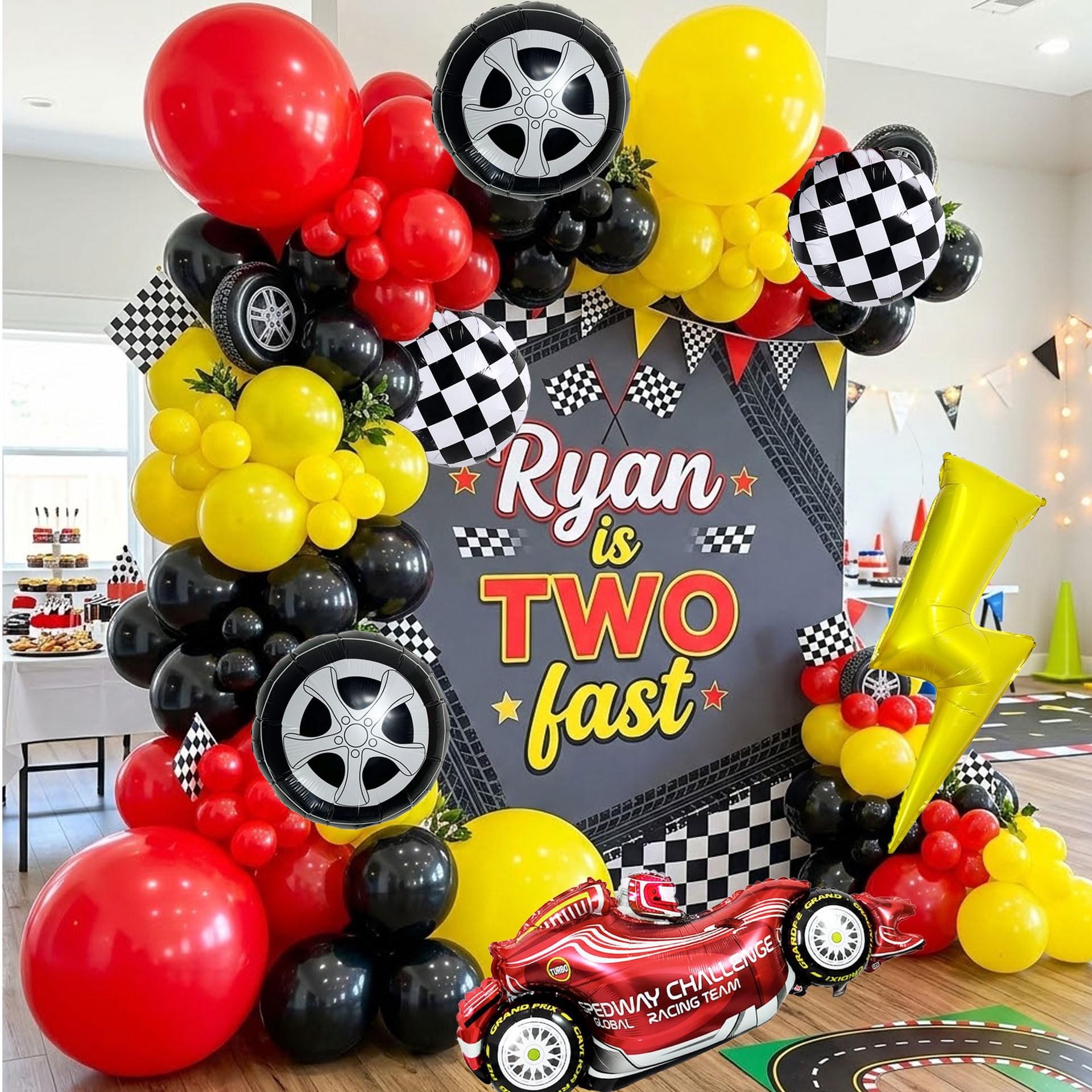 Photo 1 of 148Pcs Ceeulvu Lightning-Themed Race Car Balloon Arch Kit, Red Black Yellow Balloons with Checkered Flags, Tire Balloons, Lightning Decor for Boys Birthday Party Decorations