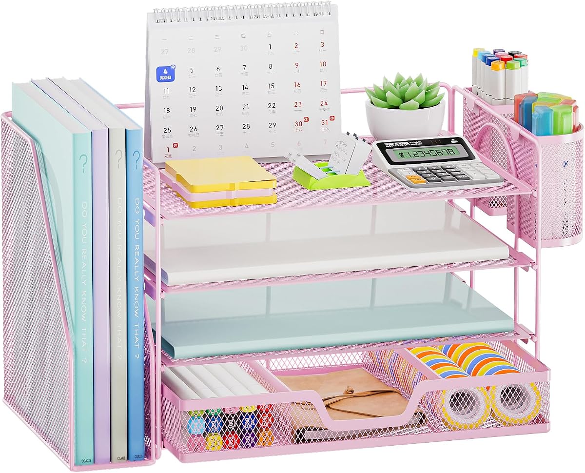 Marbrasse 4-Tier Paper Tray Organizer with Drawer and Pen Holder, Pink | Metal Mesh Desk Organizer, Built-in Drawer & 2 Pen Slots, fits letters/Files, for School Home Office Supplies