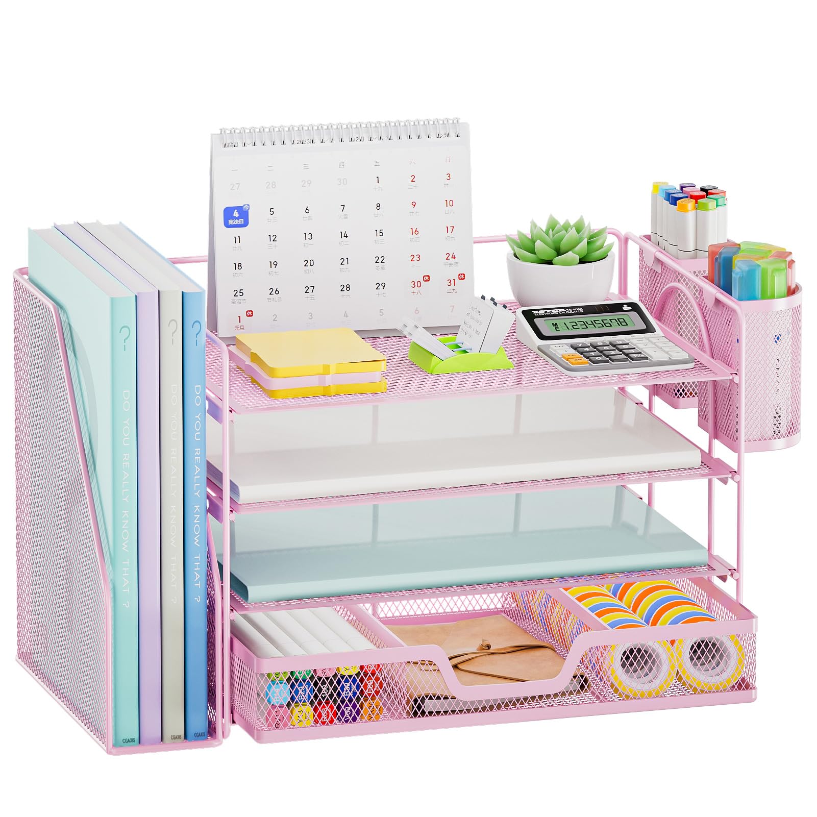 Marbrasse Organizer da scrivania e accessori, organizer per lettere a 4 livelli con porta documenti, accessori da scrivania e spazio di lavoro, organizer da scrivania con cassetto e 2 portapenne, per