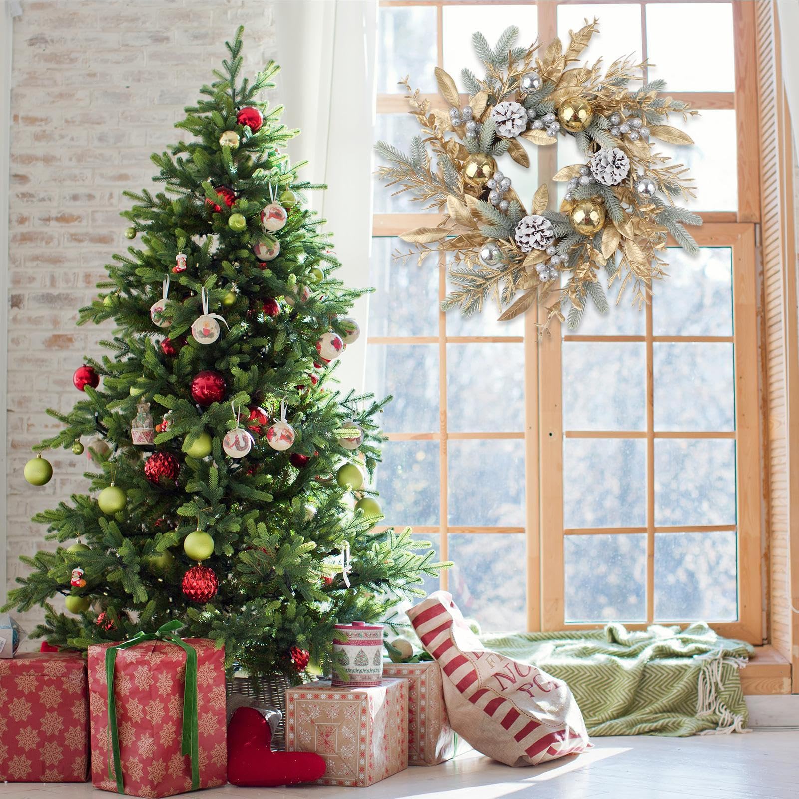 Ghirlanda Natalizia 50cm Con Pigne Rosse - Decorazione Invernale Per Porte E Finestre - Foto 9