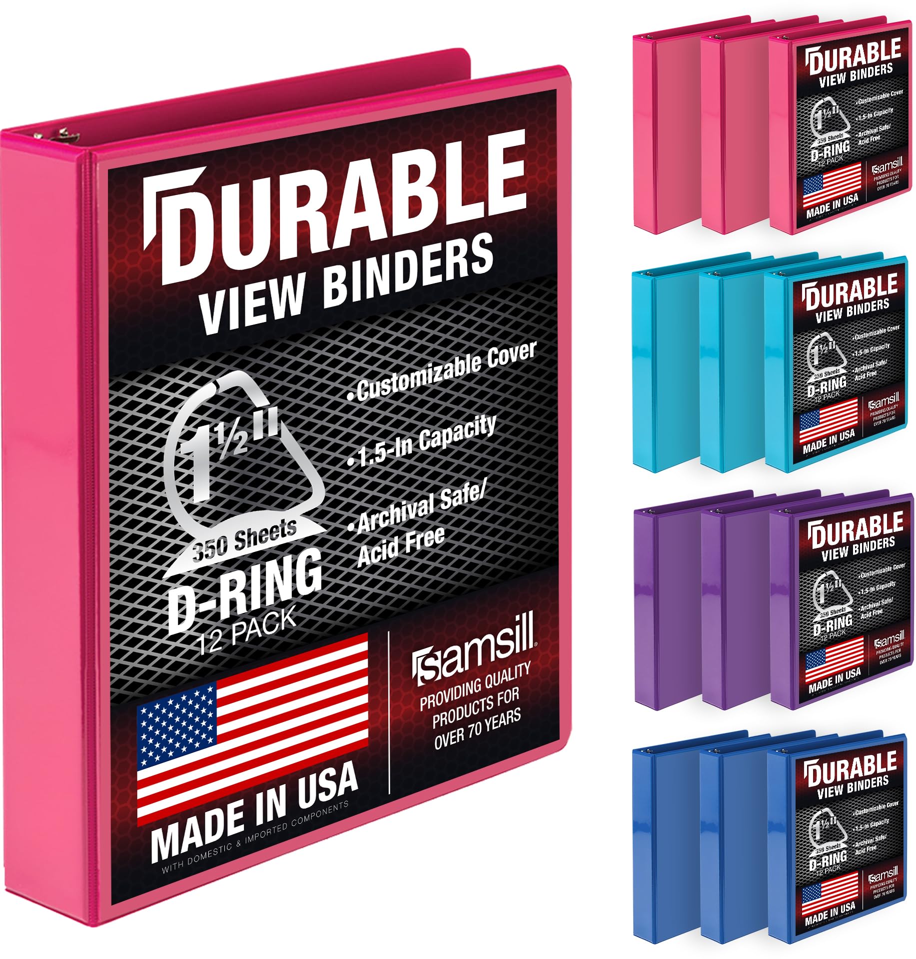 Samsill Durable 3 Ring Binder Made in The USA, 1.5-Inch D Ring Binder, Holds 350 Sheets, Customizable Clear View Cover, Fashion Assortment, 12 Pack