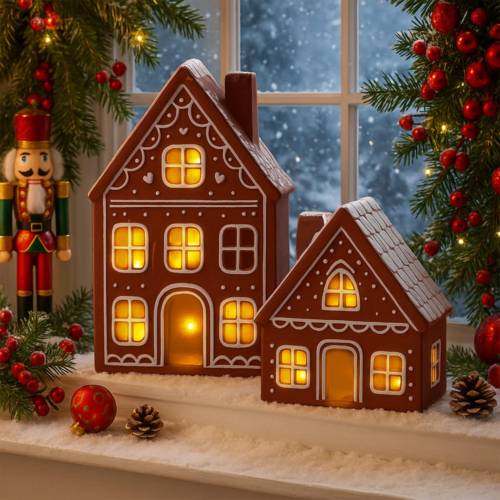 Funnymoom 2 juegos de casas de jengibre heladas de cerámica iluminadas, decoraciones de Navidad para interiores, casas de pan de jengibre LED preiluminadas, decoración de mesa de cocina para centro de
