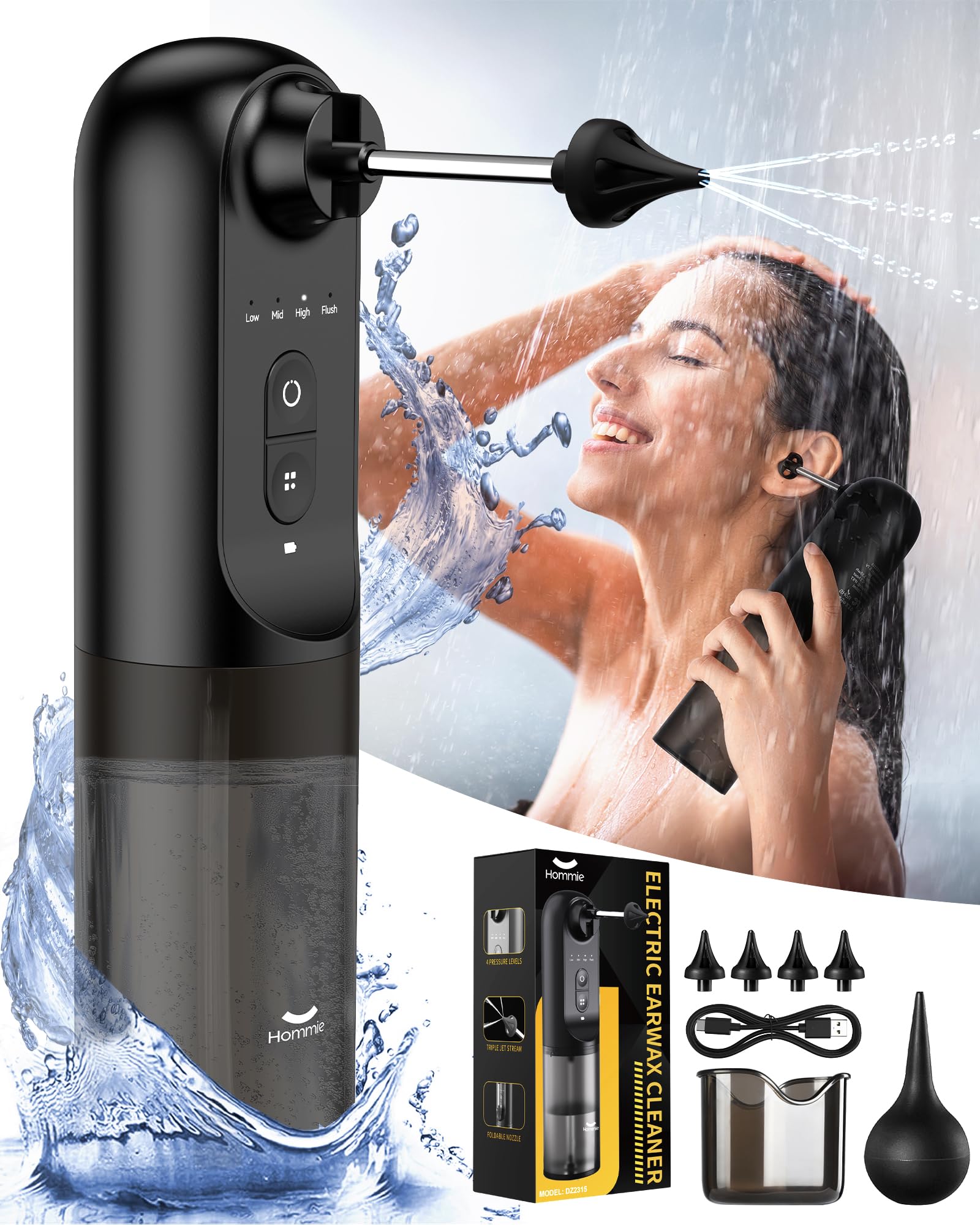 Ear Wax Removal Kit Electric Ear Syringe Cleaner Wax Remover Irrigation System With 4 Pressure Modes & 4 Reusable Nozzles IPX7 Waterproof for Shower Use With Basin