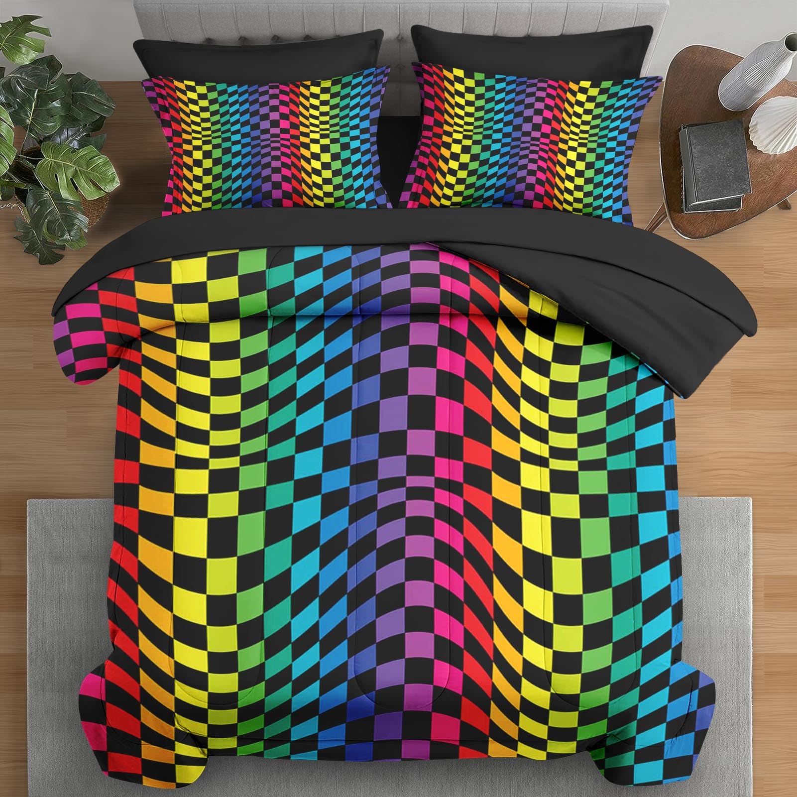Pamnest Comforter Set Full Size, Rainbow Geometric Colorful 7 Pcs Bedding for Kids and Adults, Dot Pride Wavy Bed Sheet Sets with Fitted Sheet 2 Pillowcases & 2 Shams for Bedroom Bed Decor