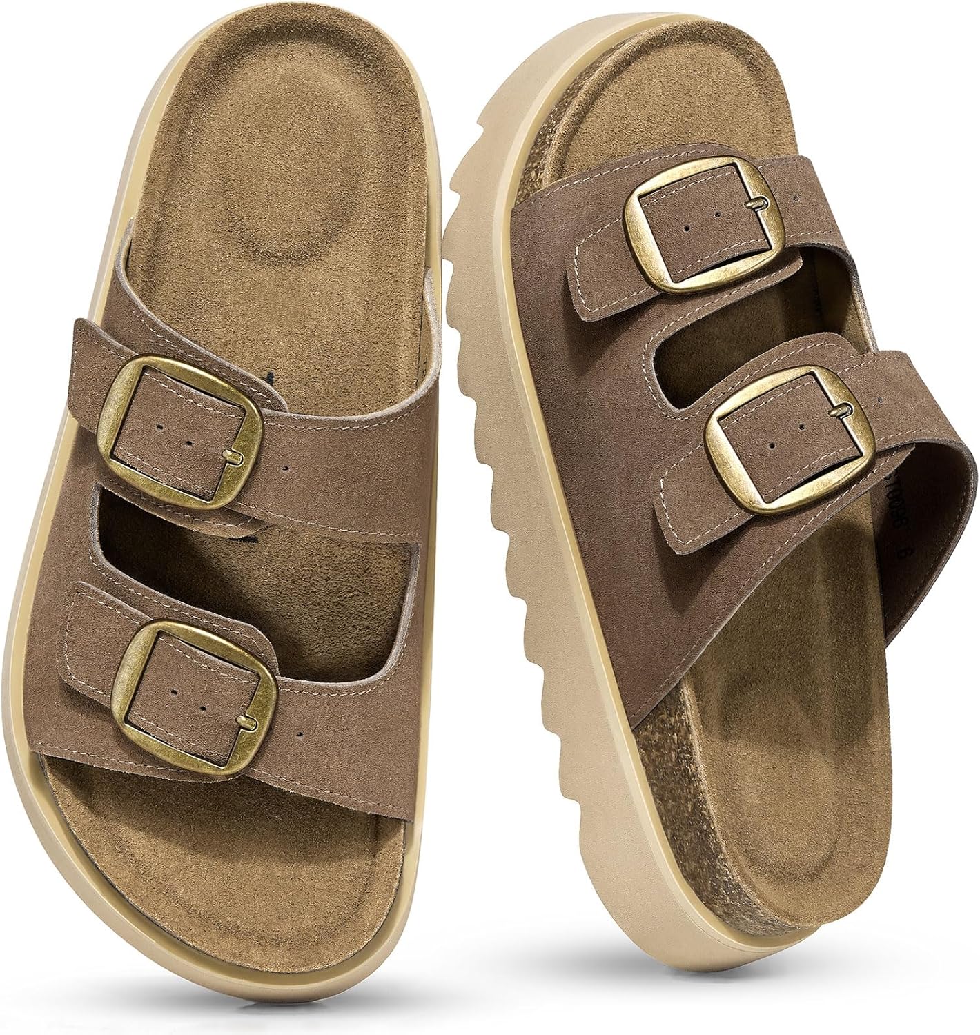 TEMOFON Women's Genuine Leather Platform Sandals Comfortable Wedge Chunky Heel Slides with Arch Support, Cork Footbed & Adjustable Buckle, 2026 Summer Casual Shoes