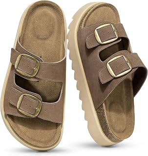 TEMOFON Women Leather Platform Sandals: 100% Genuine Comfortable Slides