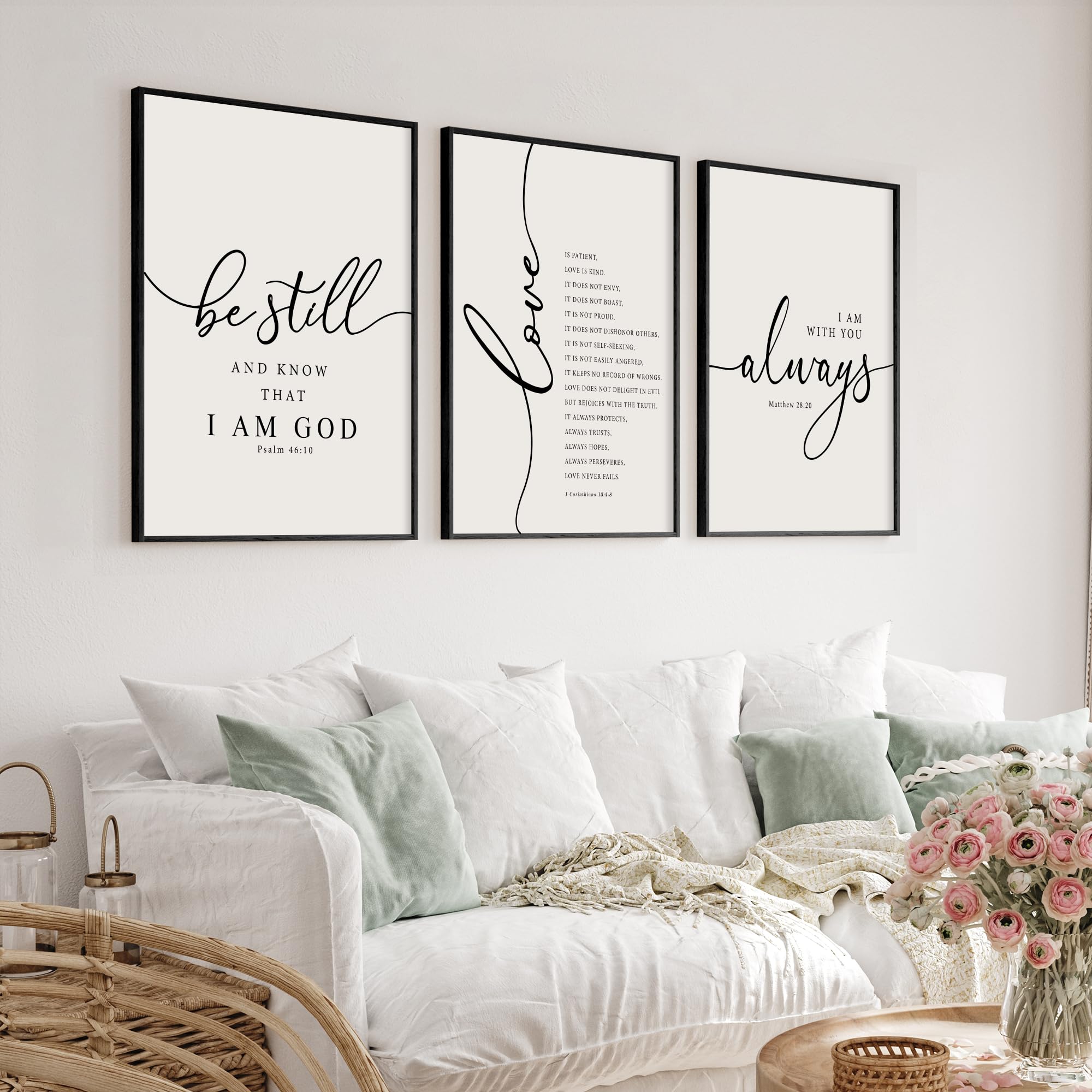 Heiple Framed Be Still and Know that I am God Sign Love is Patient Love is Kind Wall Art Set of 3 Prints for Home Bedroom Decor Above Bed Bible Verse Scripture Art Christian Religious Wall Decor