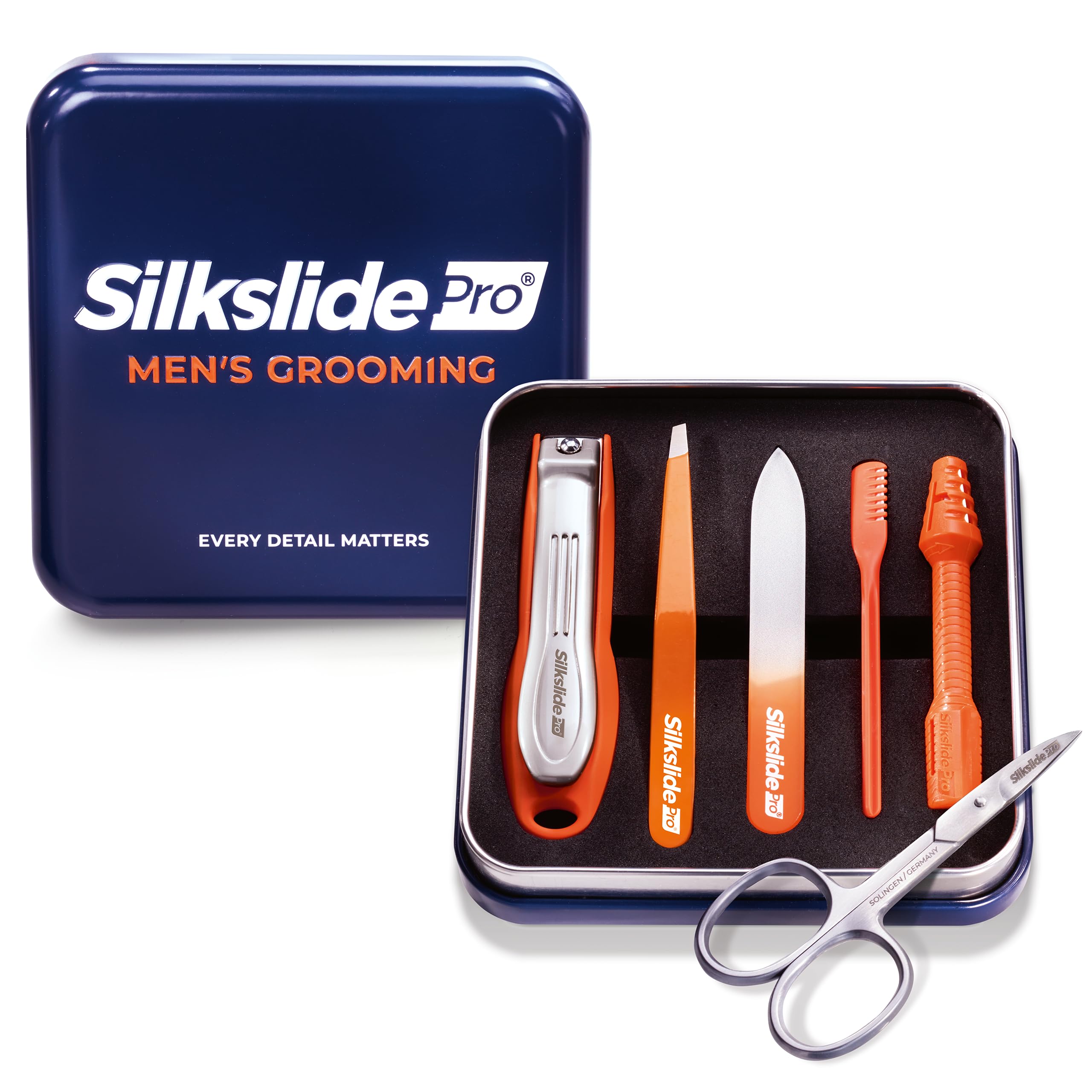 SilkslidePro Men’s Grooming Pflegeset Pro Edition – Nasenhaartrimmer, Nagelset, Ohrhaar-Rasierer & Glasnagelfeile – Ideal als Reisezubehör - Höchste Qualität