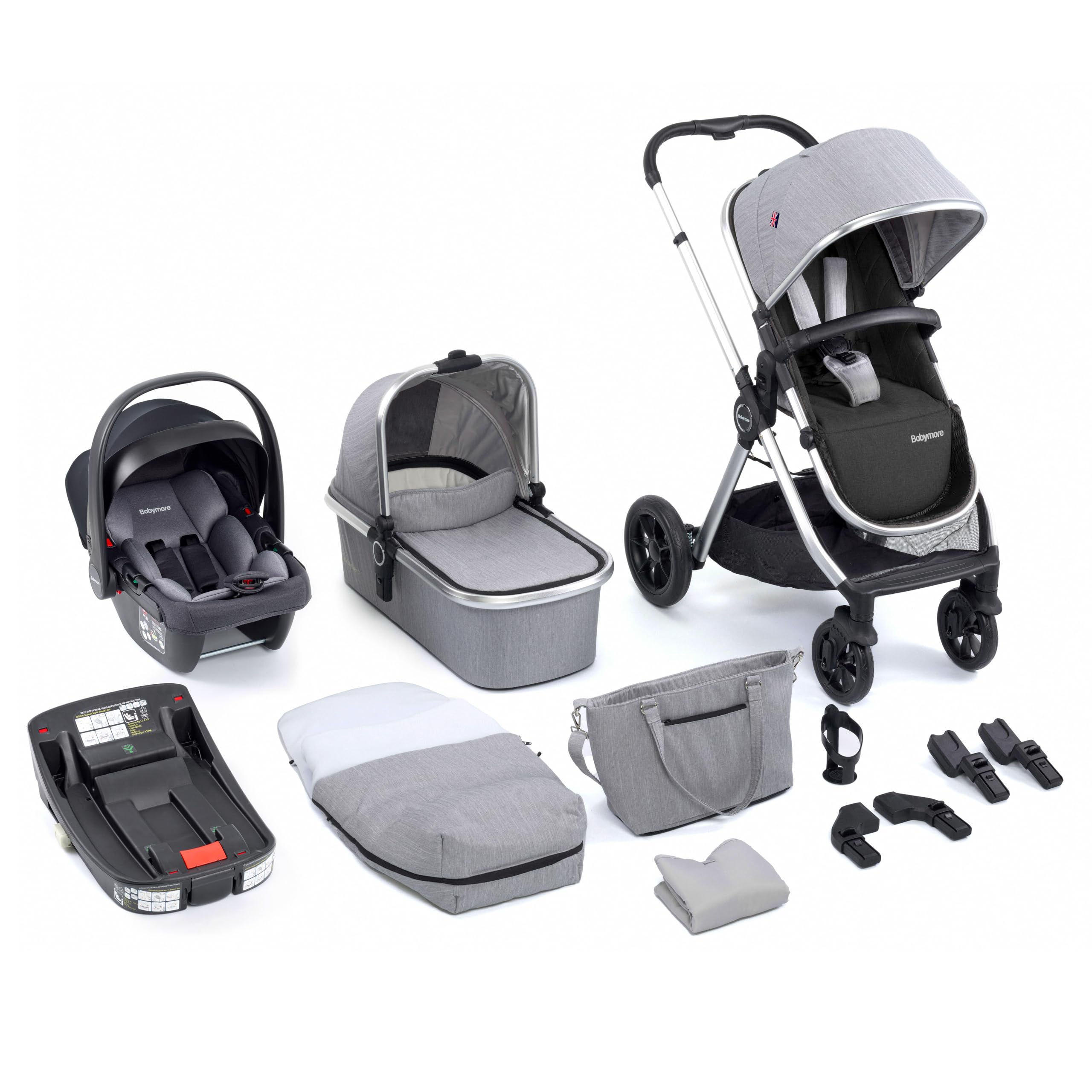 BabymoreMemore V2 Travel System 13 Piece Silver - 3-in-1 Pram Travel System, Foldable, Reclining Baby Pushchair, Coco i-Size Baby Car Seat with ISOFIX Base & Accessories, 0-4 Years | Up to 22 Kg