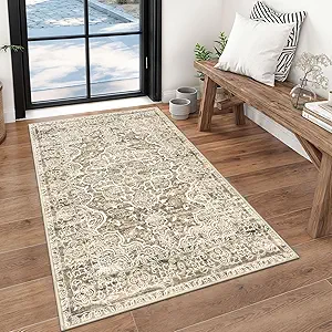 KUTA Vintage Floral Rug 3x5, Area Rugs for Living Room Beige Brown Washable Kitchen Carpet Non-Slip, Ultra Soft Printed Distressed Vintage Entry Low-Pile Throw for Living Room Dorm Décor