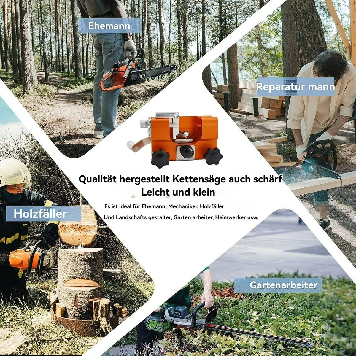 Profisaw das Original Universal Kettenschärfer für Jede Kettensäge, Kettensäge Schärfgerät, Sägekettenschärfgerät, Tragbarer Handkurbel-Schärfer mit 5 Schärfköpfen, für 8-22 Zoll Kettensägen (Gold)