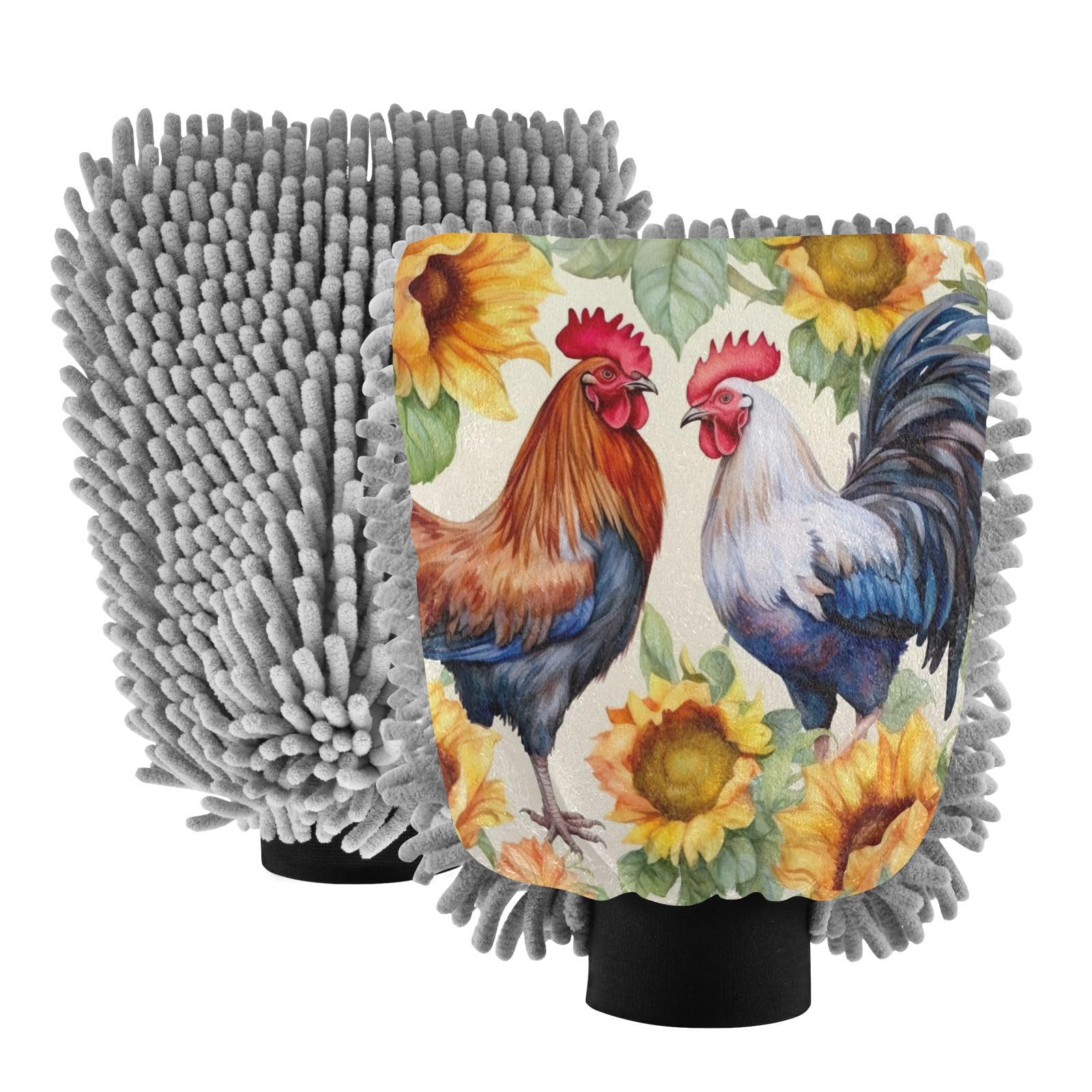 Flradish 2 Pack Farmhouse Rooster Car Wash Mitt Chenille Microfiber Lint-Free Scratch Free Ultra-Soft Absorbent Car Wash Mitt 11.8x8.07 Inch
