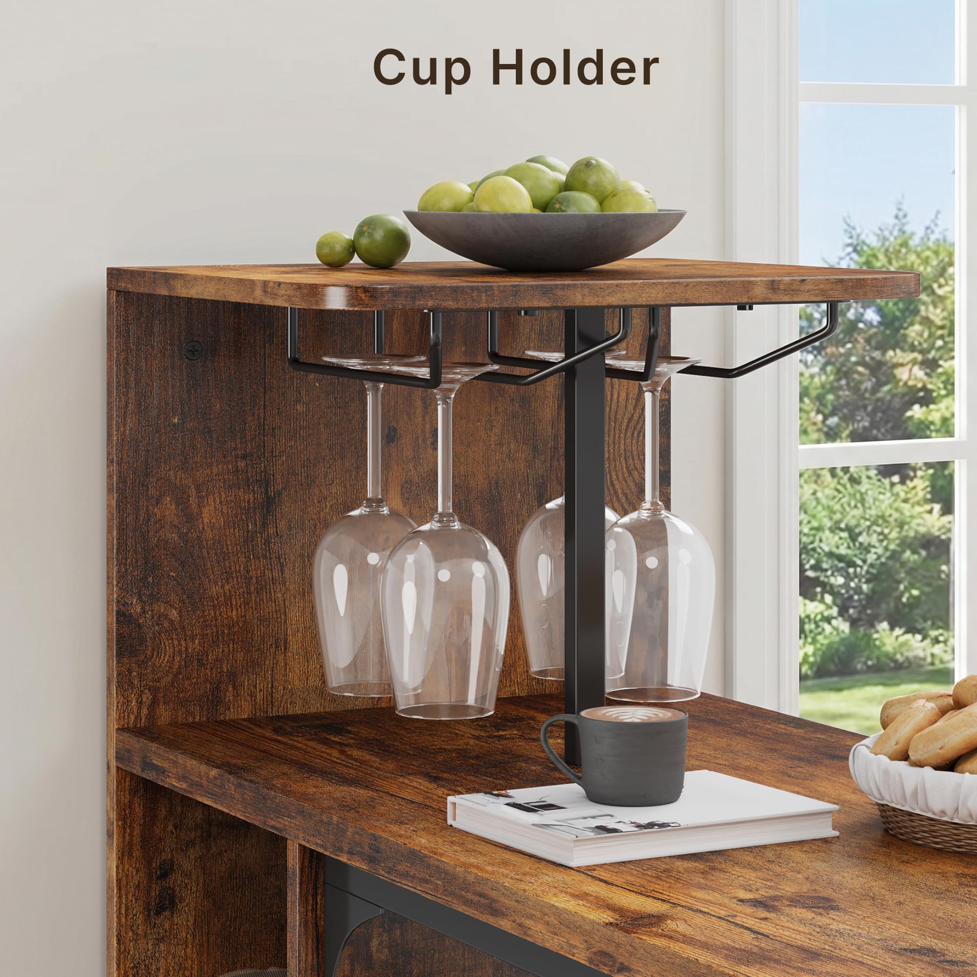 Xbro Angolo Bar per Casa con 2 Sgabelli, Tavolo da Bar Industriale con Porta Calici e 6 Portabottiglie, Mobile Bar con Ripiani Laterali, Banco Bar Salvaspazio in MDF e Metallo, 120x40x120 cm