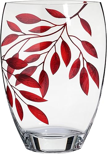 Miniatura 3 de Jarrón grande de vidrio soplado a mano de 11.8 in - Decorado con hojas de rubí arenadas y pintadas - Caja de regalo dorada - Centro de mesa de