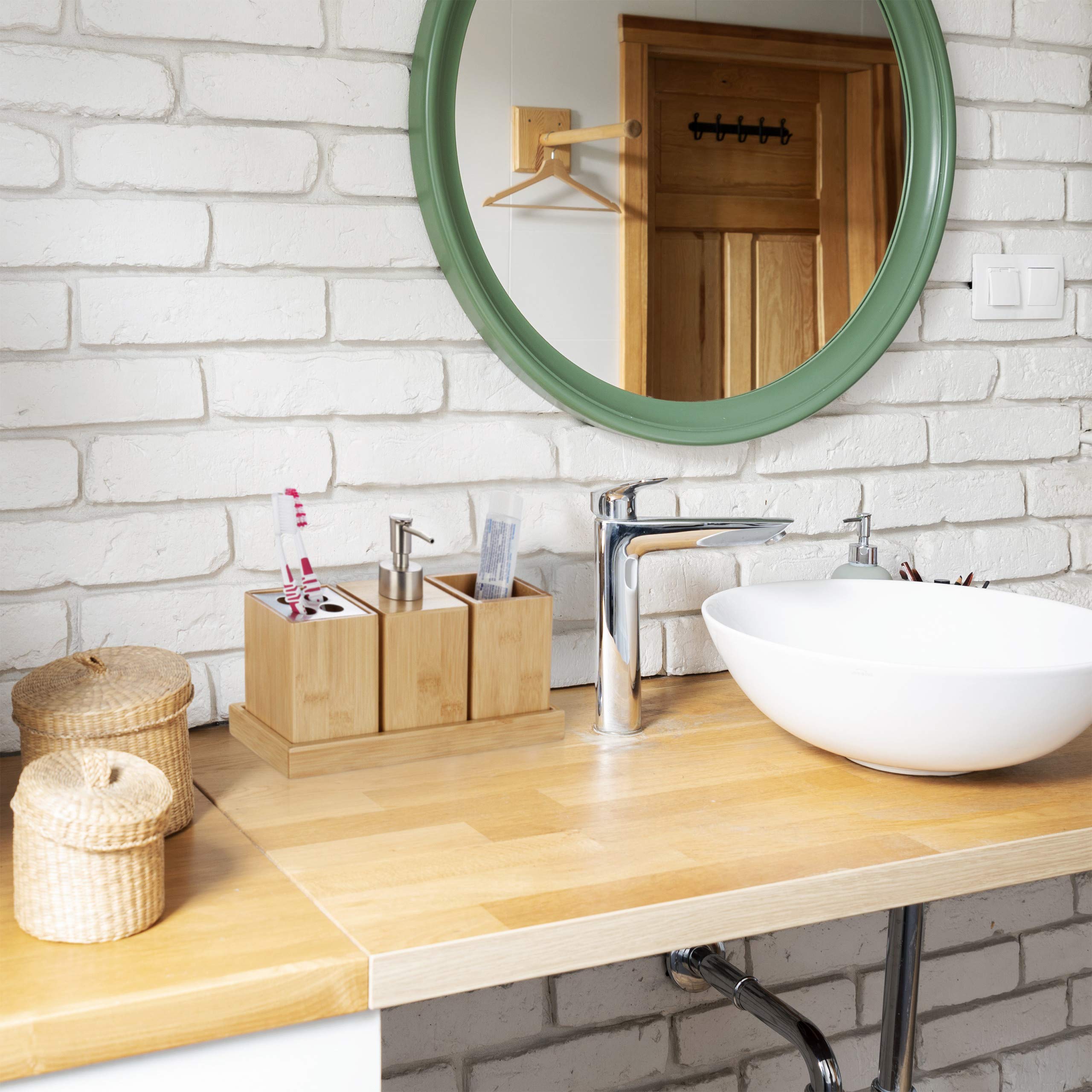 Relaxdays Set Bagno, Confezione 4 Accessori in bambù, Portaspazzolino, Porta Dentifricio, Portasapone & Vassoio,Naturale