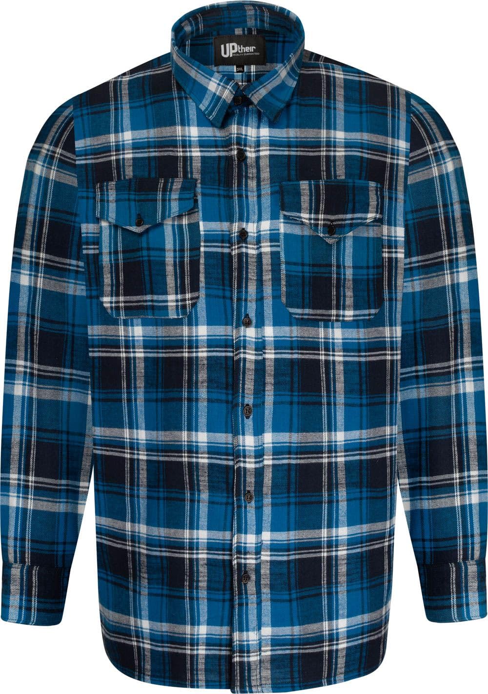 Uptheir Mens Lumber Checked Long Sleeve Flannel Shirt - Blue - 6XL