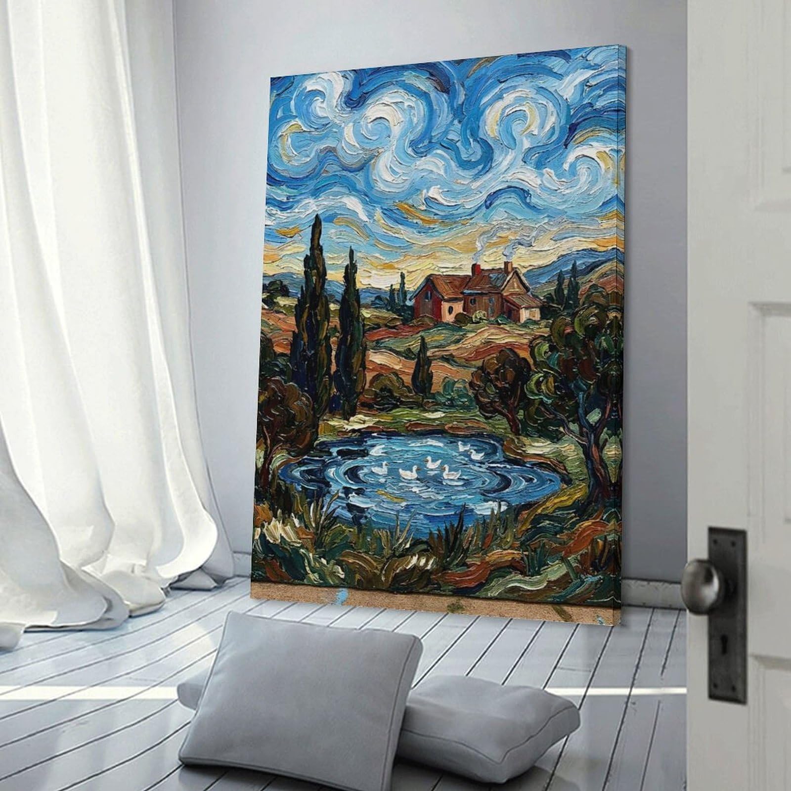 Junmoney Impressionistic Landscape with Ducks And House Decorative Wall Artwork 20x30inch(50x75cm), for Home Lounge, Bedroom Or Reading Nook, Easy Decor for Gallery Walls
