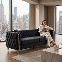 Chesterfield 81" 3-Seater Black Velvet Sofa, Button Tufted and Gold Stainless Steel Legs Couch for Living Room Black, 81" Velvet 3-Seater Sofa, Velvet
