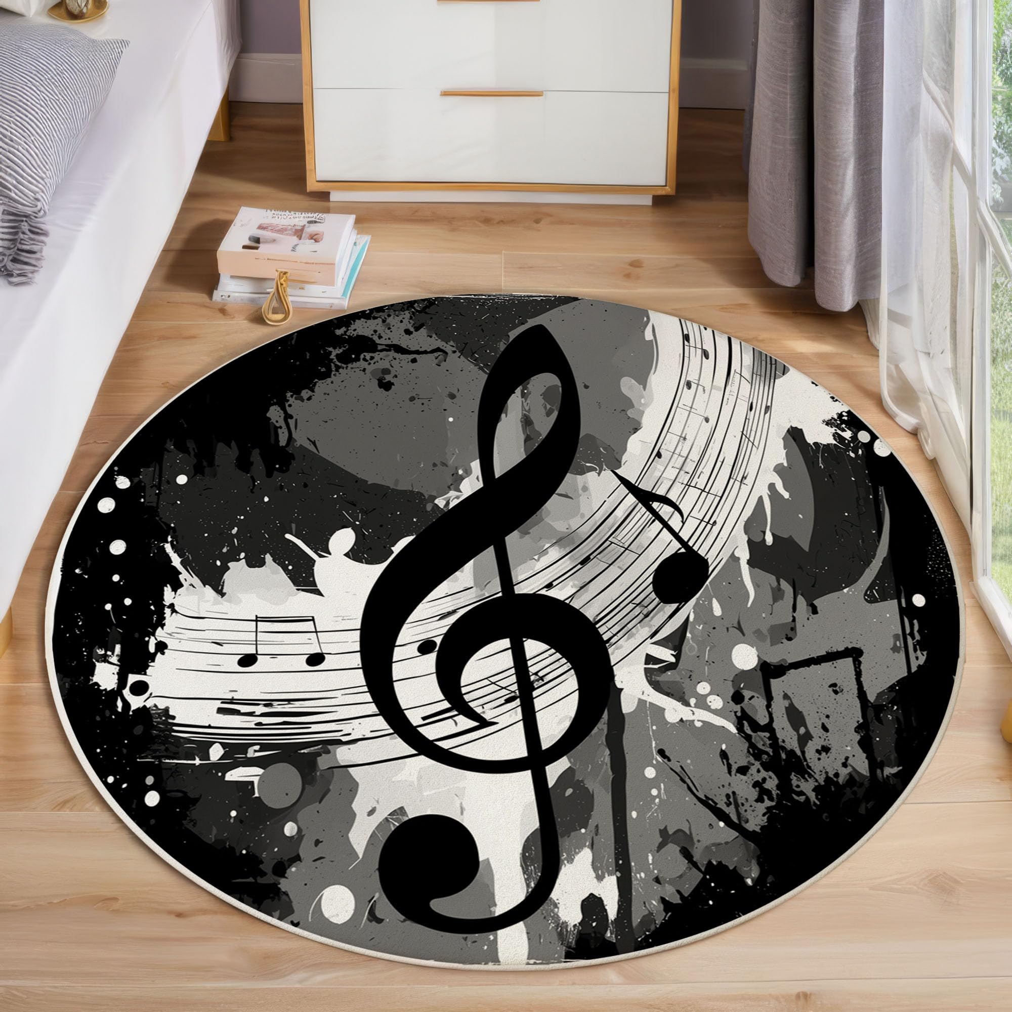 Tapis rond graffiti notes de musique gris foncé antidérapant et lavable