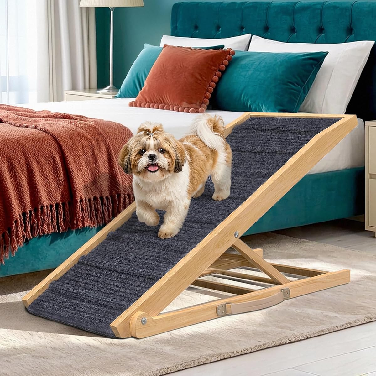 Rampa para perros - Rampa plegable para perros para cama y sofá - Escaleras para perros | Rampa portátil para perros de 48" de largo x 16,5" de ancho, madera natural maciza, capacidad de peso de 250 libras, pomerania, pastor alemán