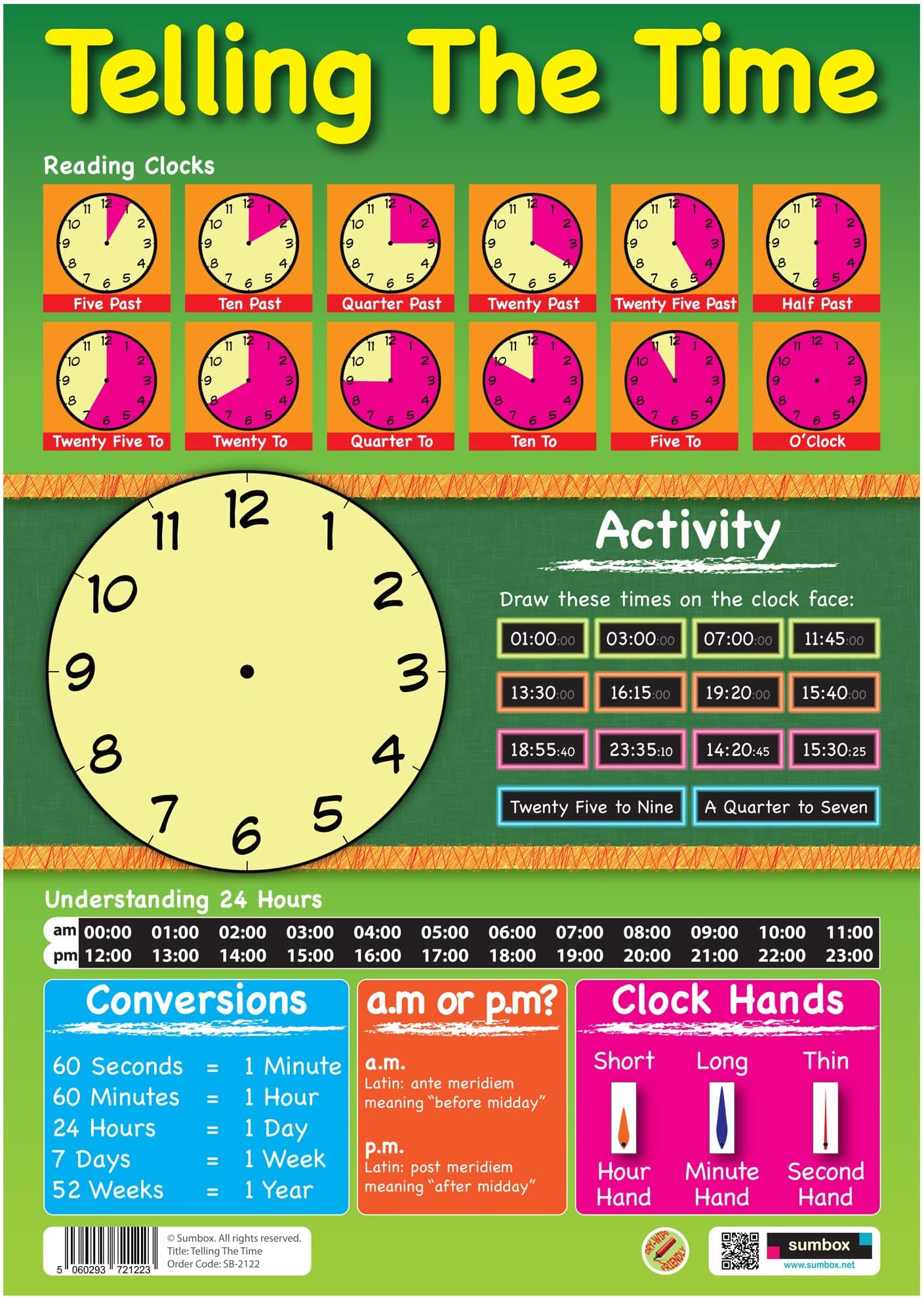 A3 Telling the Time Poster – Wipe-Clean Educational Wall Chart for Kids, KS1 Time Learning Activity