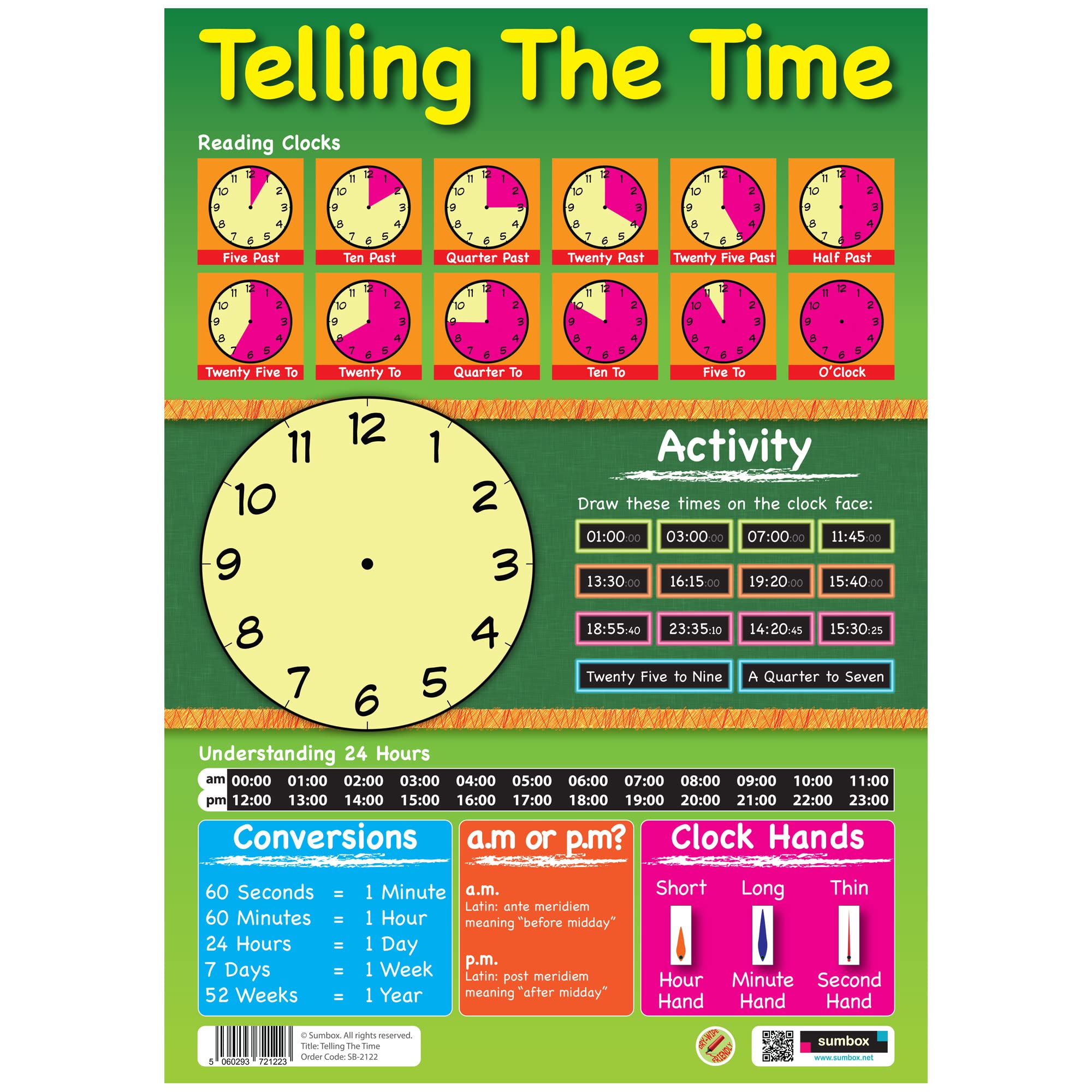 Sumbox A3 Telling the Time Poster – Wipe-Clean Educational Wall Chart for Kids, KS1 Time Learning Activity