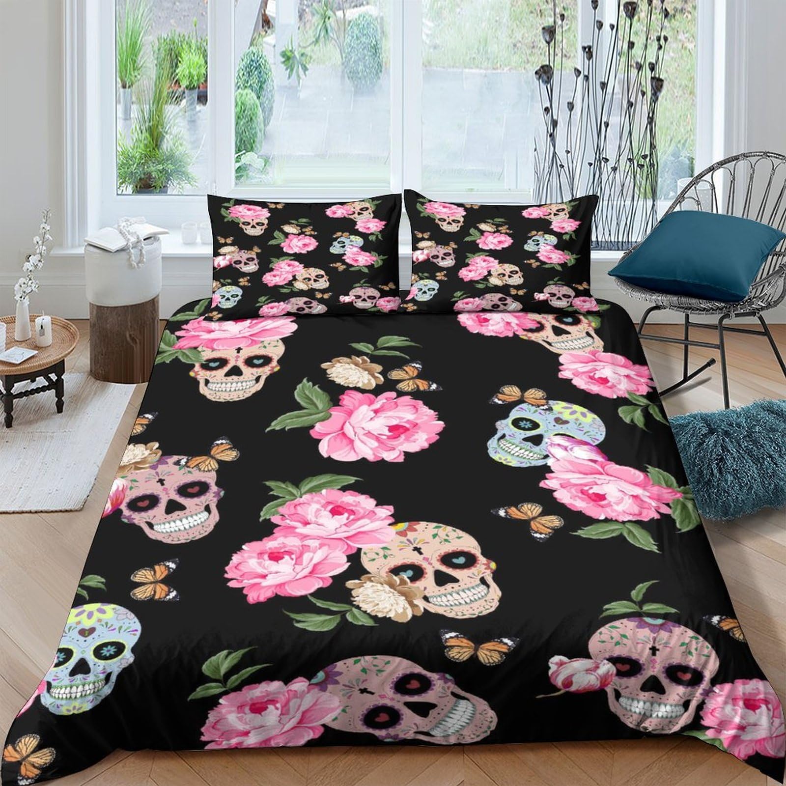 Ctjqhvkz Style-3 3D Printed Skull Floral Fitted Sheet Microfiber Soft Black Pink Rose Bed Sheet For Bedroom Guestroom Dorm Mattress Decor Single（135X200cm）
