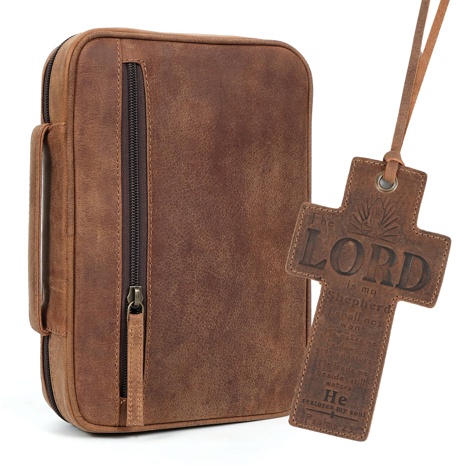 ELIZO Leather Bible Cover for Men Bible Case for Women Zippered Holder Protector Cross Church Tote Bag Carrying Organizer Sleeve Gift Standard Saddle