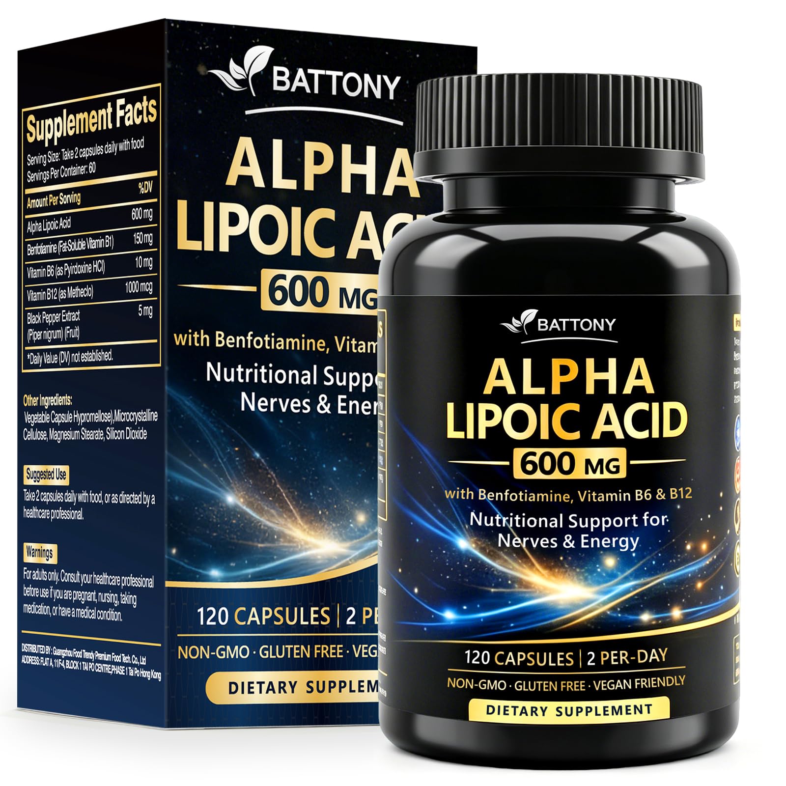 Battony Alpha Lipoic Acid 600mg with Benfotiamine&VitaminsB12, 120Capsules