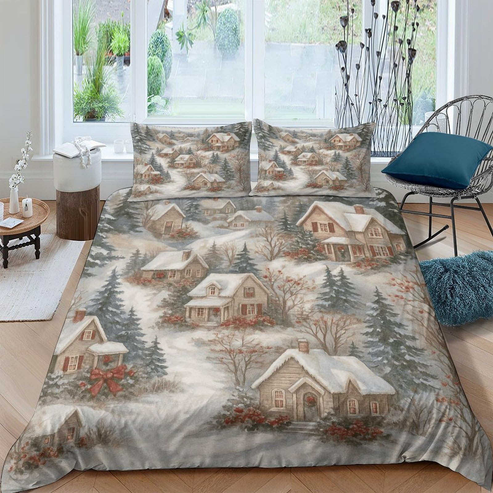 Ctjqhvkz Style-3 3D Printed Winter Cabin Landscape Fitted Sheet Microfiber Soft Breathable Snowy Forest Bed Cover For Bedroom Guest Room Single（135X200cm）